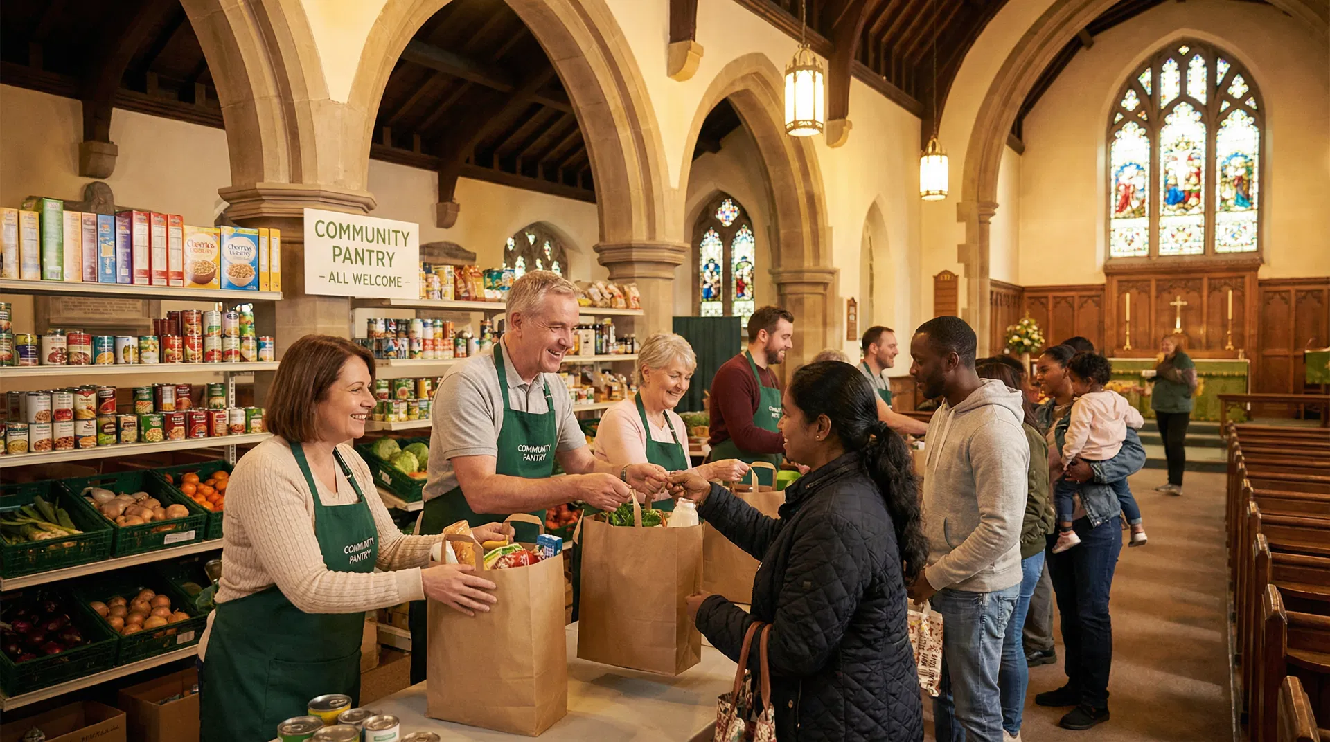 Food bank volunteer handing over a food parcel, climate change imagery in background