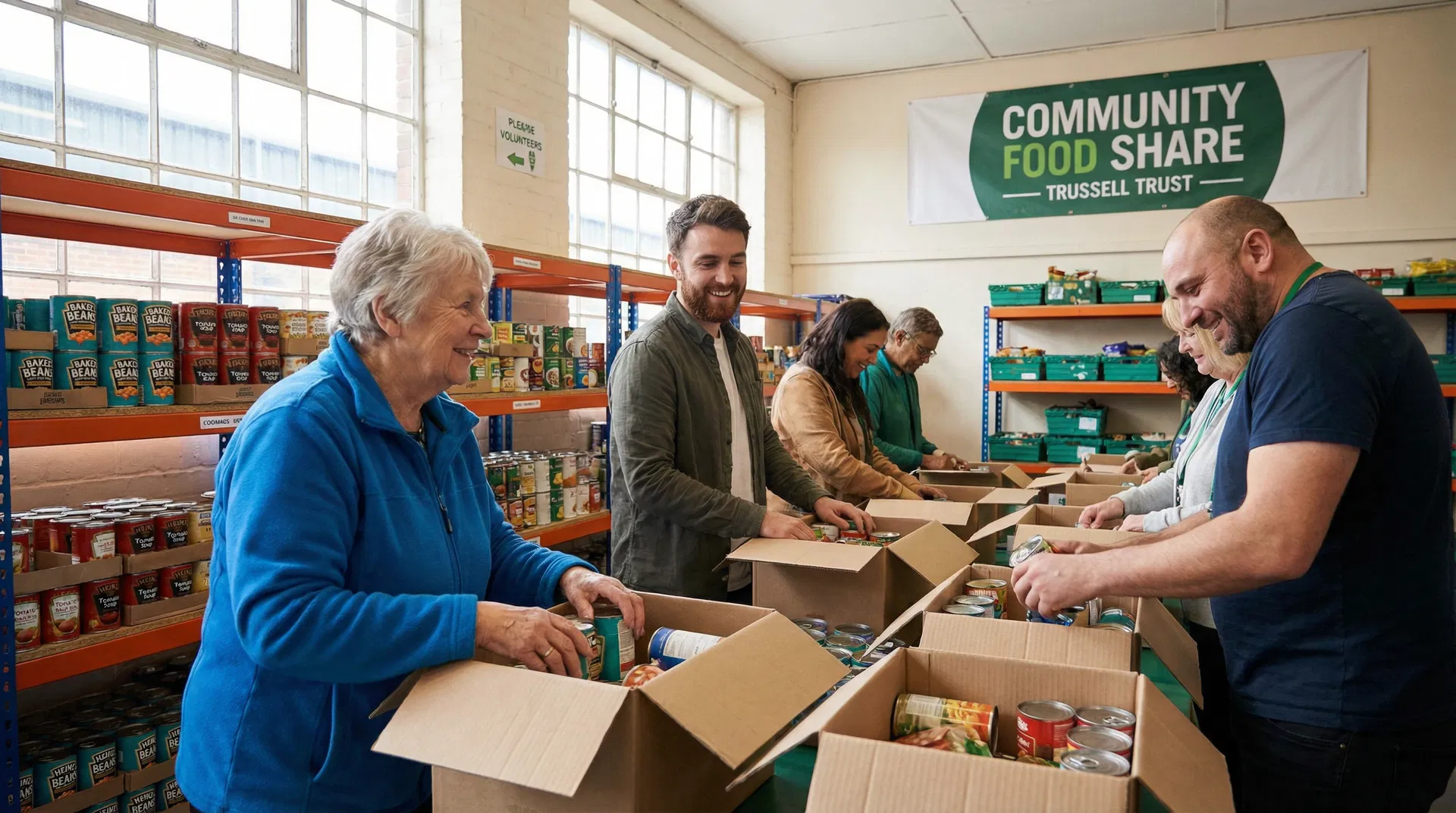 Volunteers packing food boxes at a UK food bank