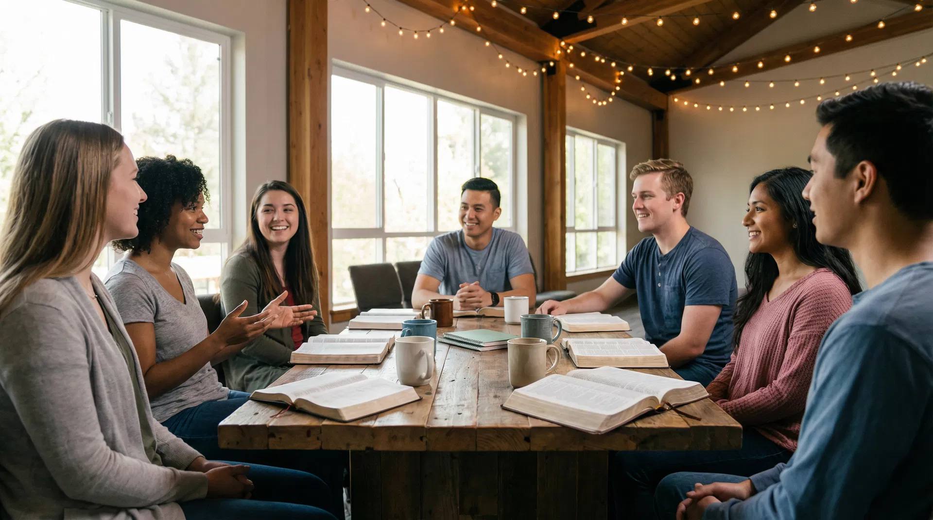 Diverse group of young adults in a modern church space in conversation
