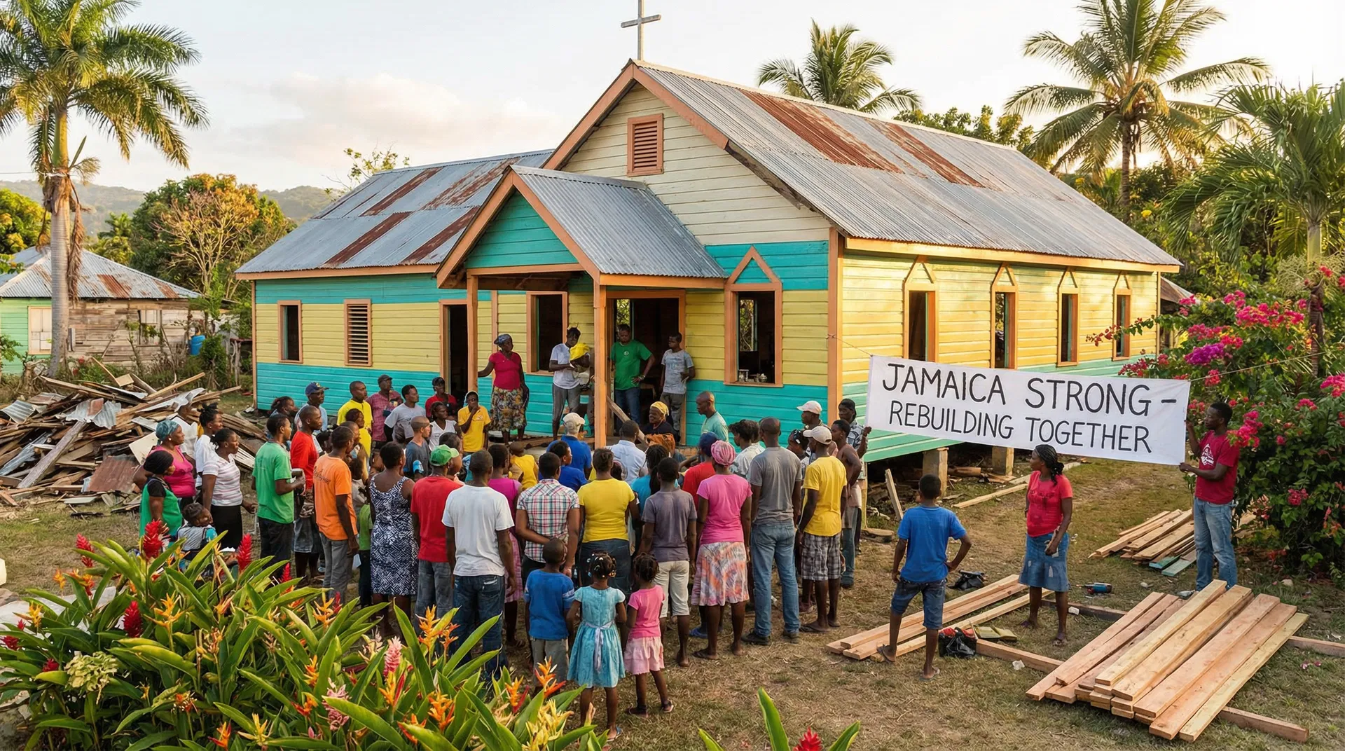 Caribbean church community in Jamaica gathered together in solidarity and rebuilding effort