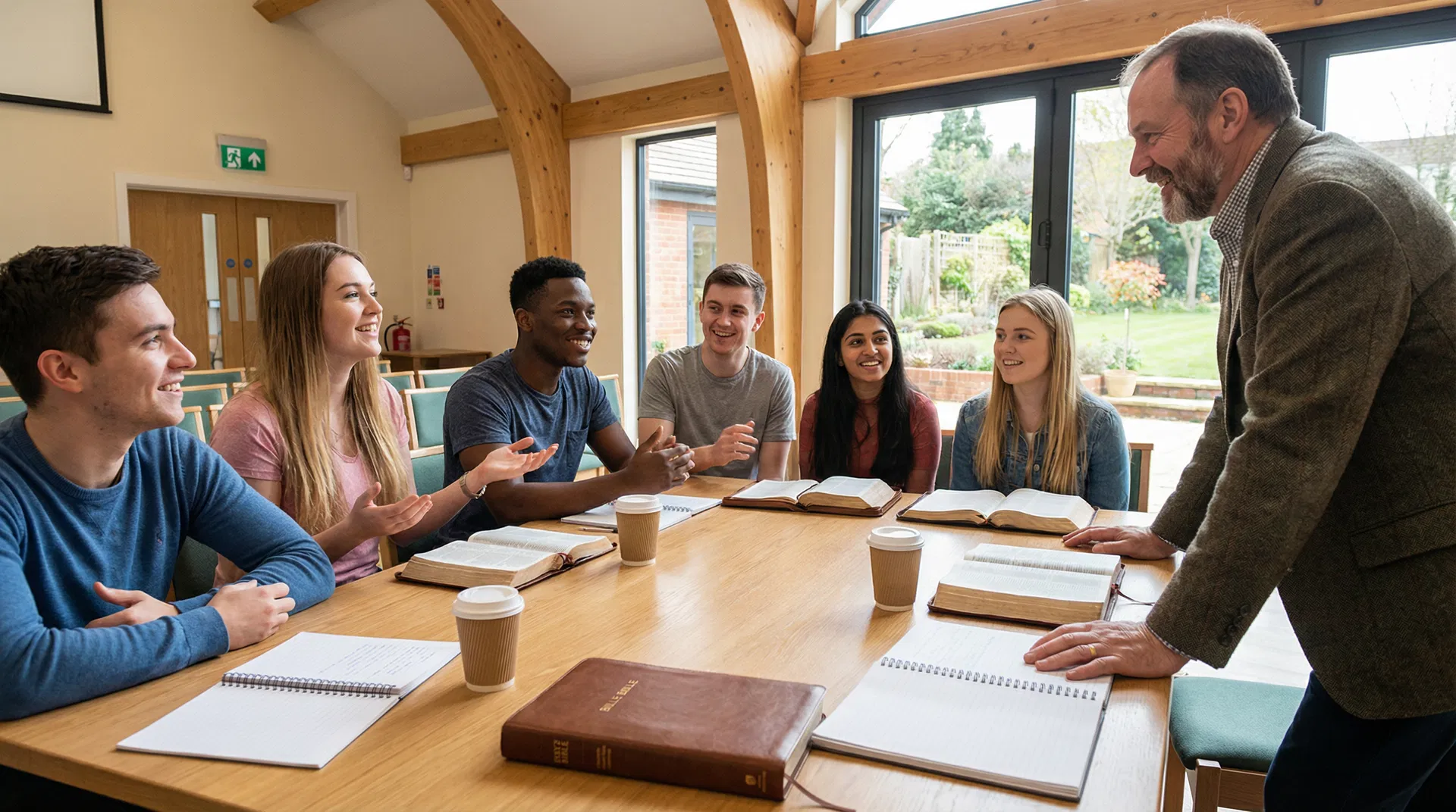 Young church leaders in a theological training session with Bibles and notebooks in a modern church building