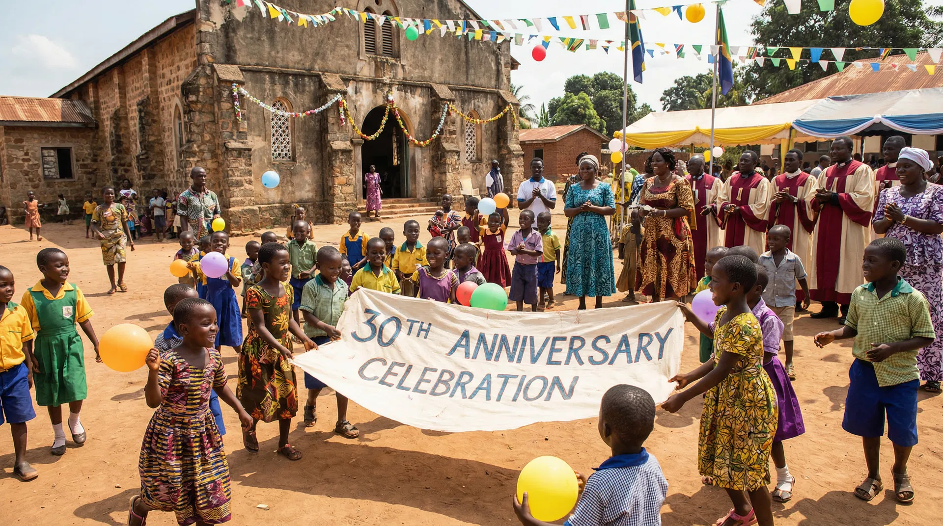 Children playing joyfully in a church community setting in a developing country