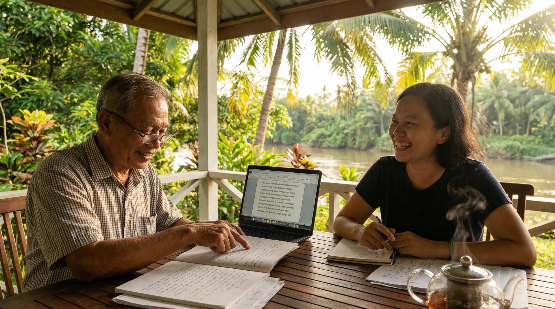 A Bible translator working with a community member on translation in a tropical setting