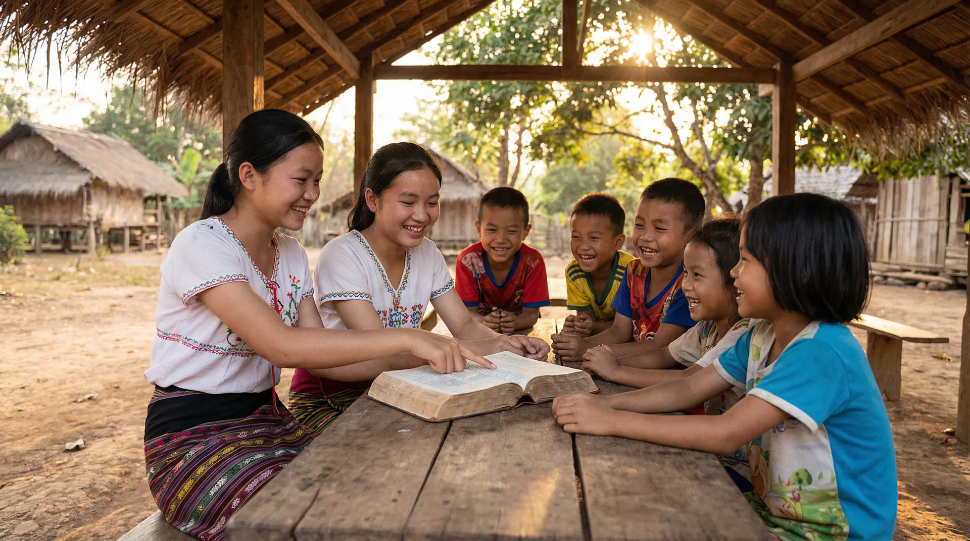 Two teenage girls teaching children in a village setting with an open Bible