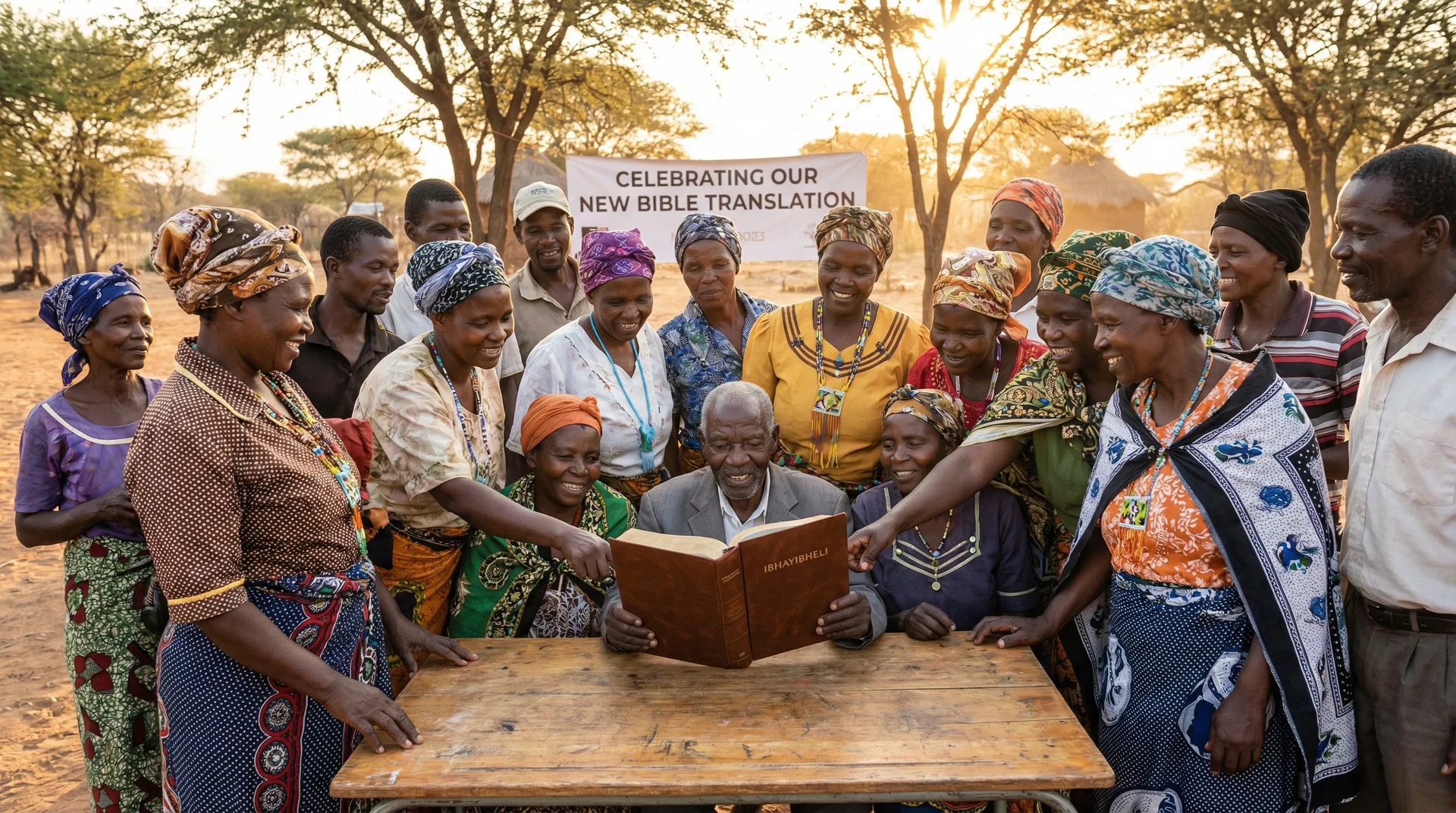Community gathering in South Africa reading from a newly translated Bible in Sepulana