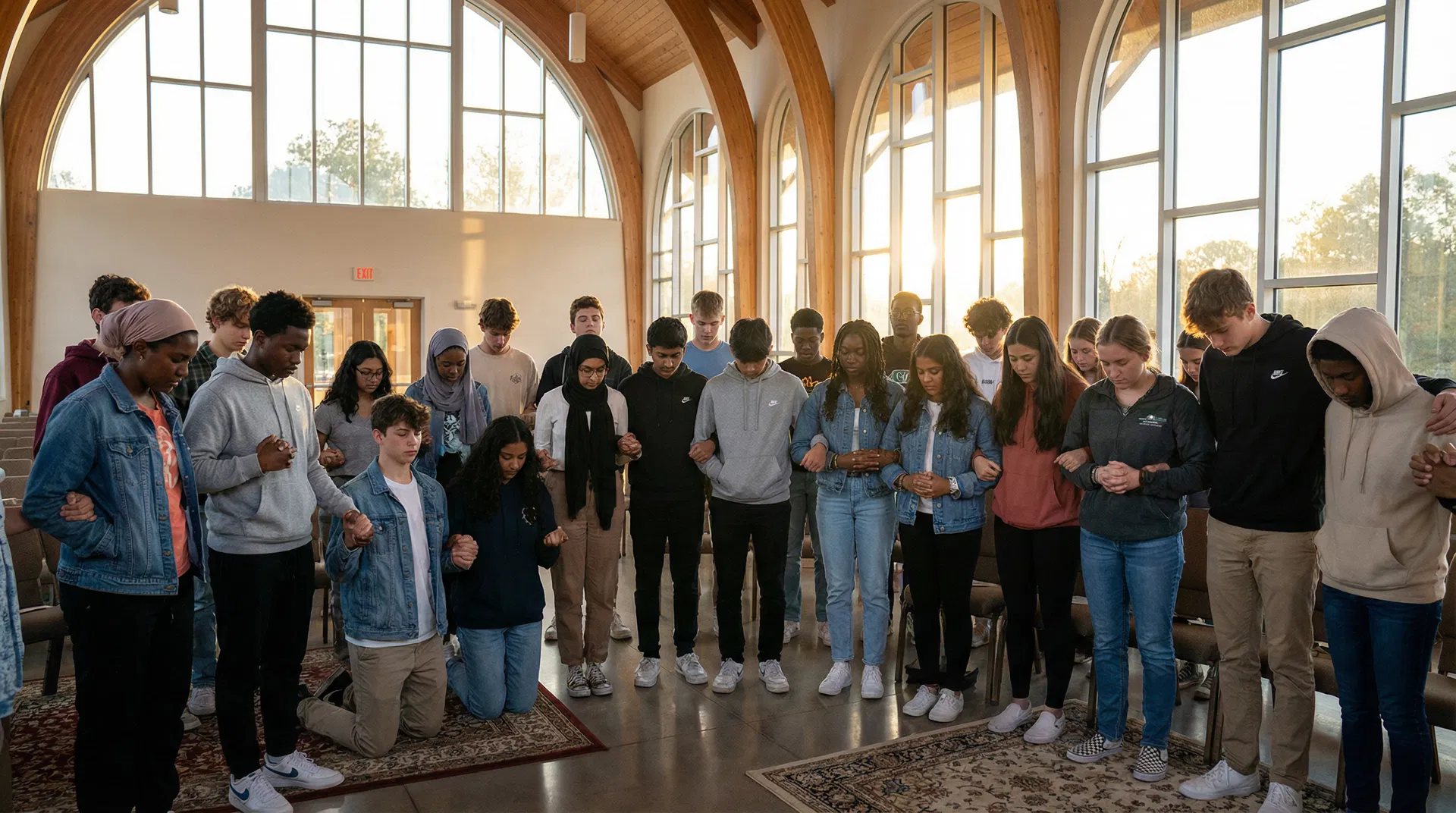 Young people praying together in a church setting, Easter candles, warm light