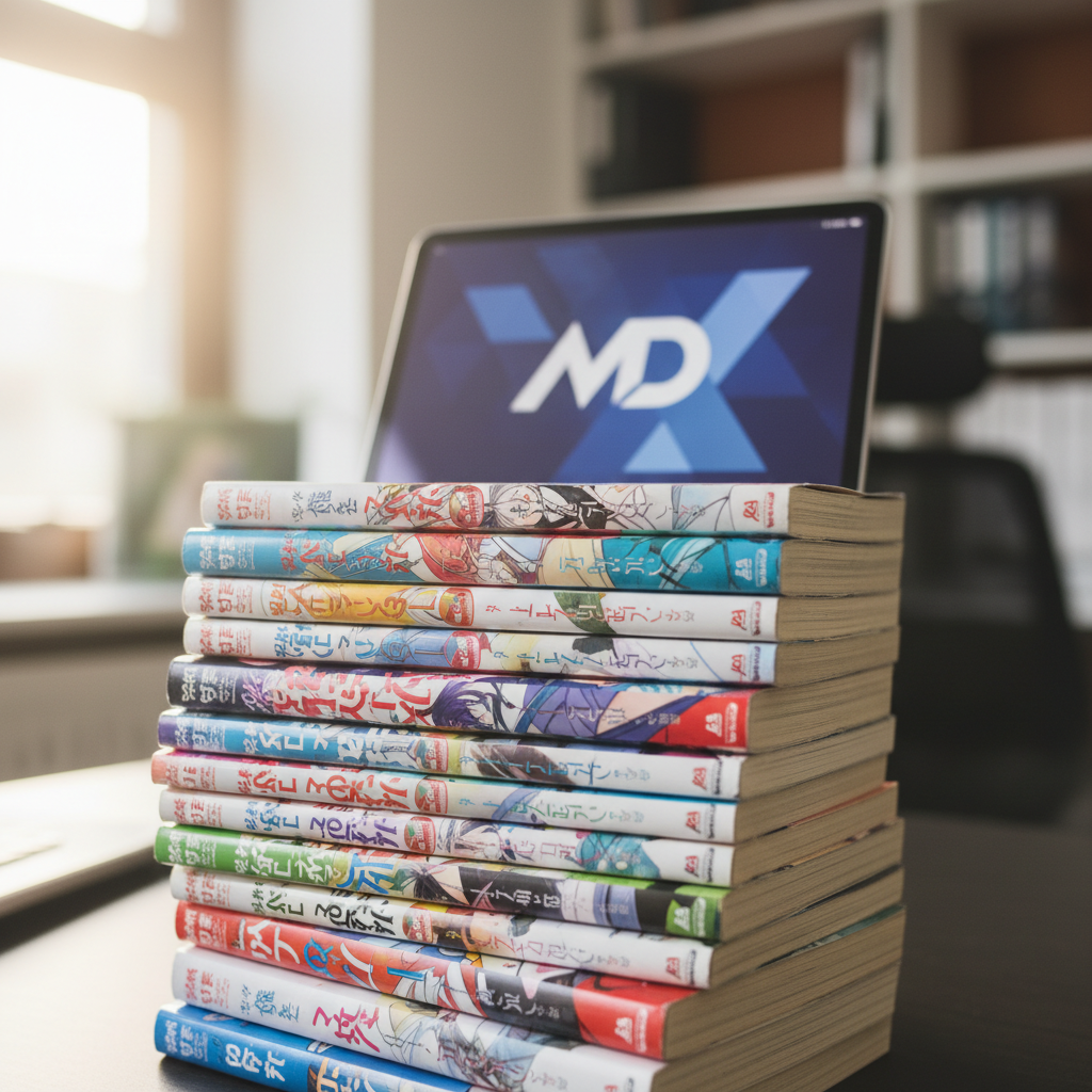 A close-up shot of a stack of diverse manga and light novel volumes, with a blurry digital tablet displaying a corporate logo in the background, subtly suggesting the intersection of physical content and digital technology.