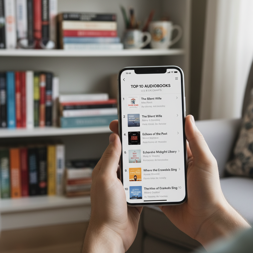 A close-up shot of a smartphone screen displaying a Spotify audiobook chart, with blurred hands holding the phone and a bookshelf in the background, suggesting reading and listening.