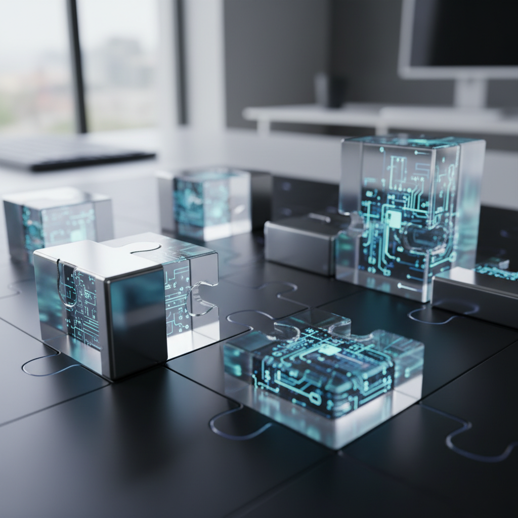 A close-up shot of various digital building blocks or puzzle pieces, some with abstract data patterns, fitting together seamlessly on a sleek, illuminated digital interface, symbolizing modular technology and integration.