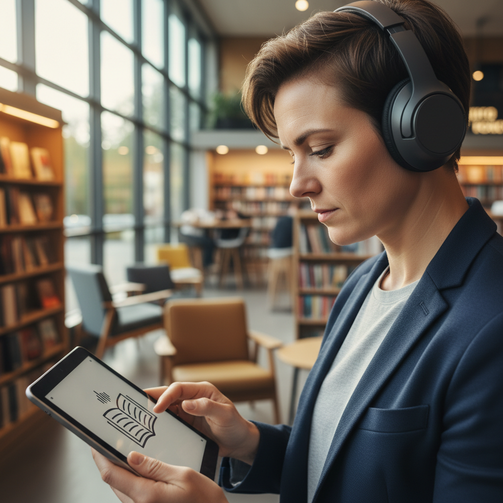 A close-up shot of a person wearing headphones, intently listening to an audiobook on a tablet, with a blurred background of a modern library or bookstore.