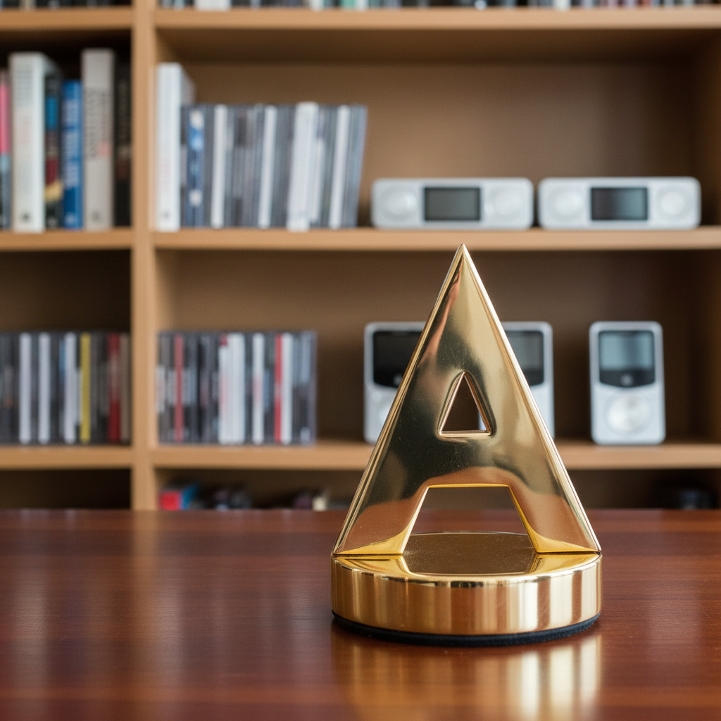 A close-up shot of a golden Audie Award trophy prominently displayed on a polished wooden surface, with a blurred background of a modern, well-lit bookshelf filled with books and audio devices.