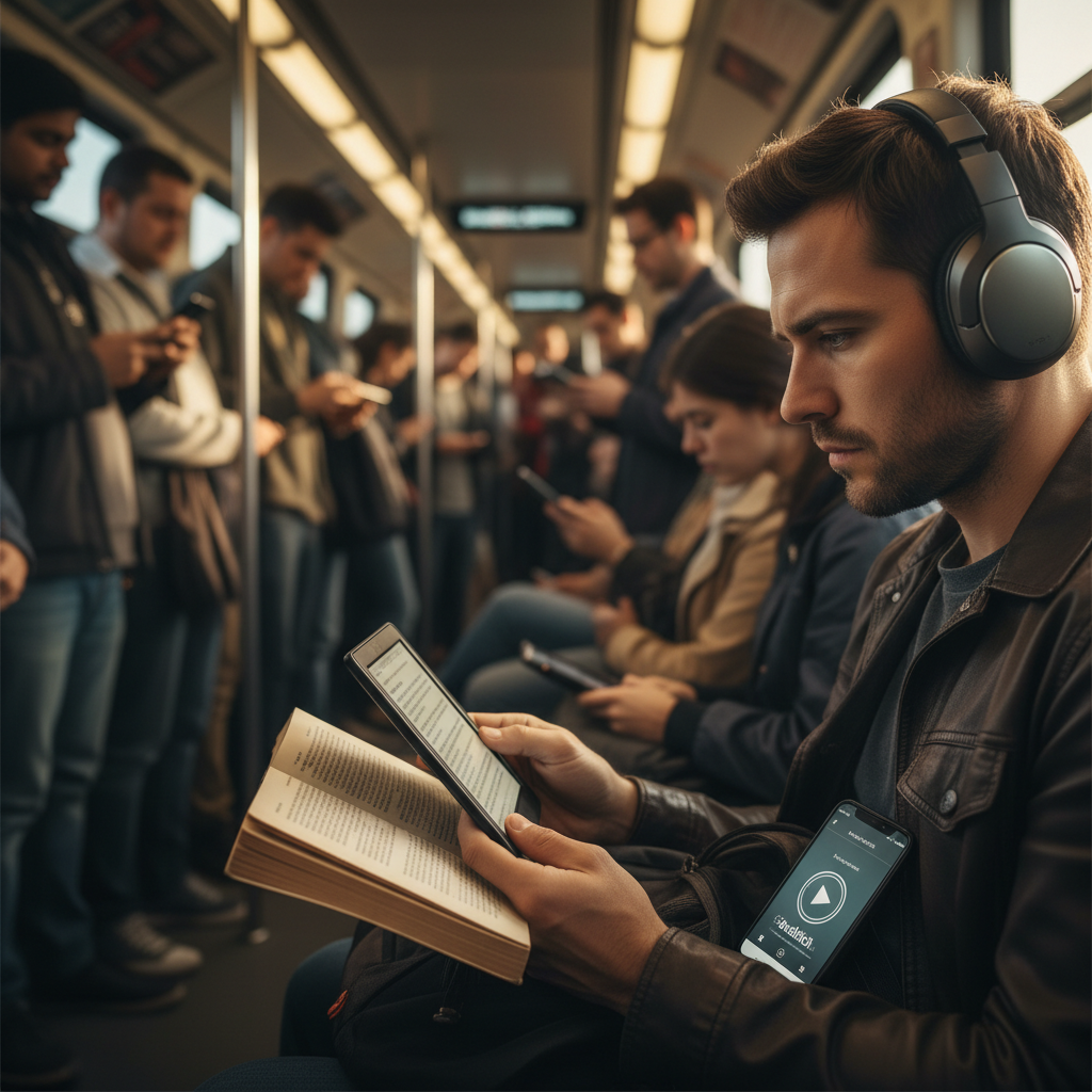 A person on a bustling train commute, wearing headphones and looking intently at a digital e-reader, while another hand holds a physical paperback book, and a smartphone screen displays an audiobook app.