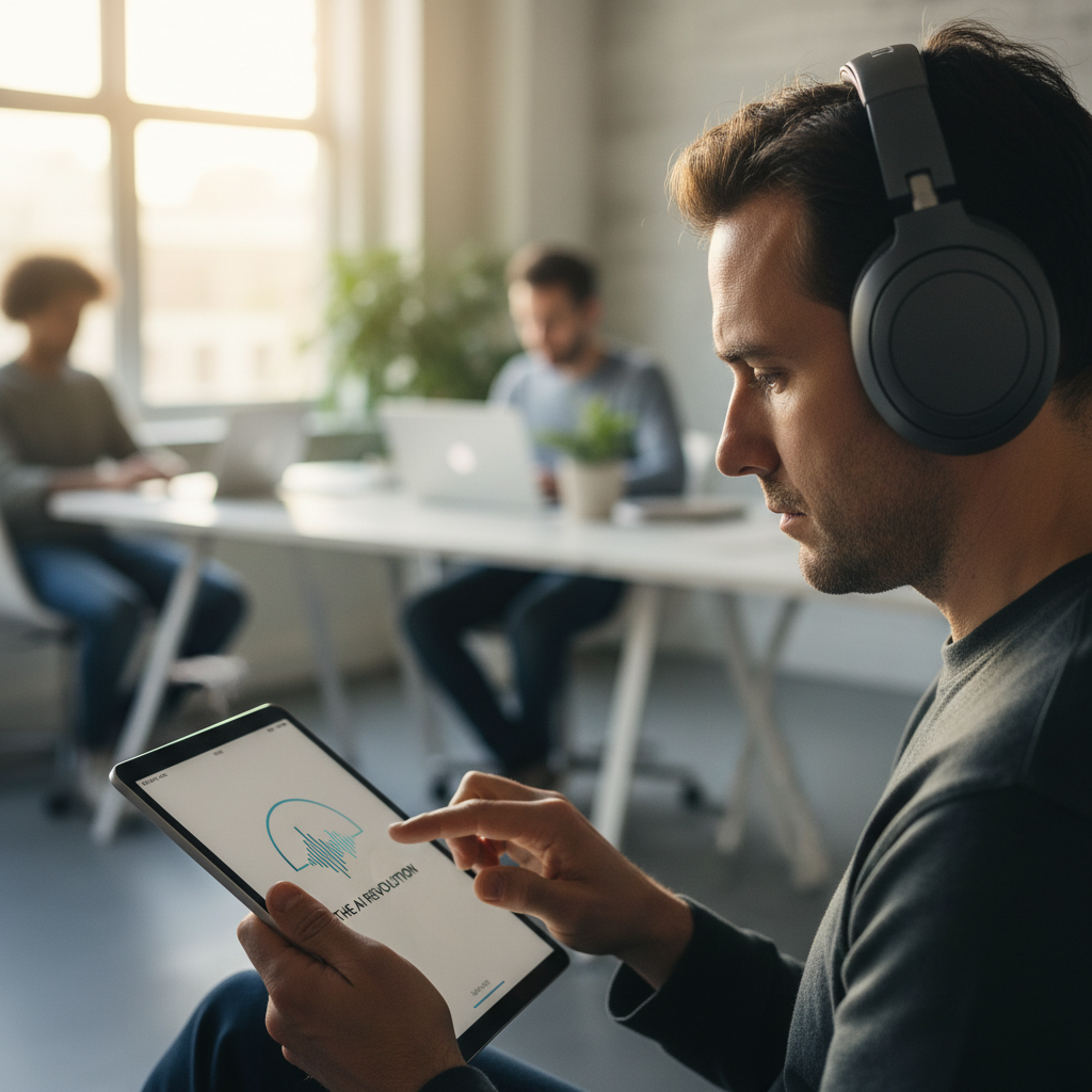A close-up shot of a person wearing headphones, intently listening to an audiobook on a tablet, with a blurred background of a modern, sunlit office space.