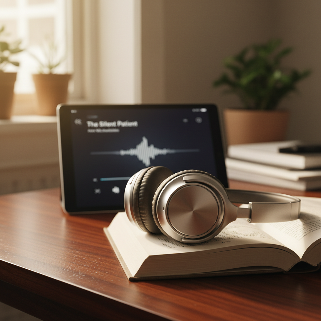 A close-up shot of a modern, sleek pair of wireless headphones resting on an open book, with a tablet displaying an audiobook player interface subtly visible in the background, set on a warm, inviting wooden desk.