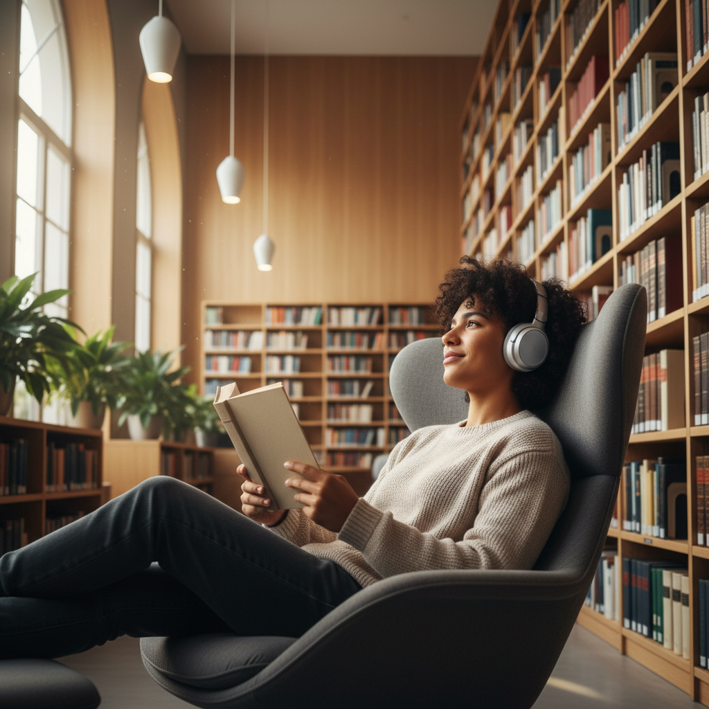 A person wearing headphones is sitting comfortably in a modern, sunlit library, holding a physical book but looking thoughtfully into the distance, suggesting they are listening to an audiobook while surrounded by traditional literature.