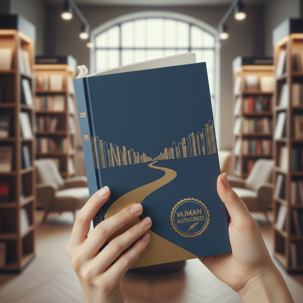 A close-up shot of a book cover with a prominent, stylized 'Human Authored' seal visible on the bottom right, held by a person whose hands are gently resting on the book, with a softly blurred background of a modern bookstore or library.