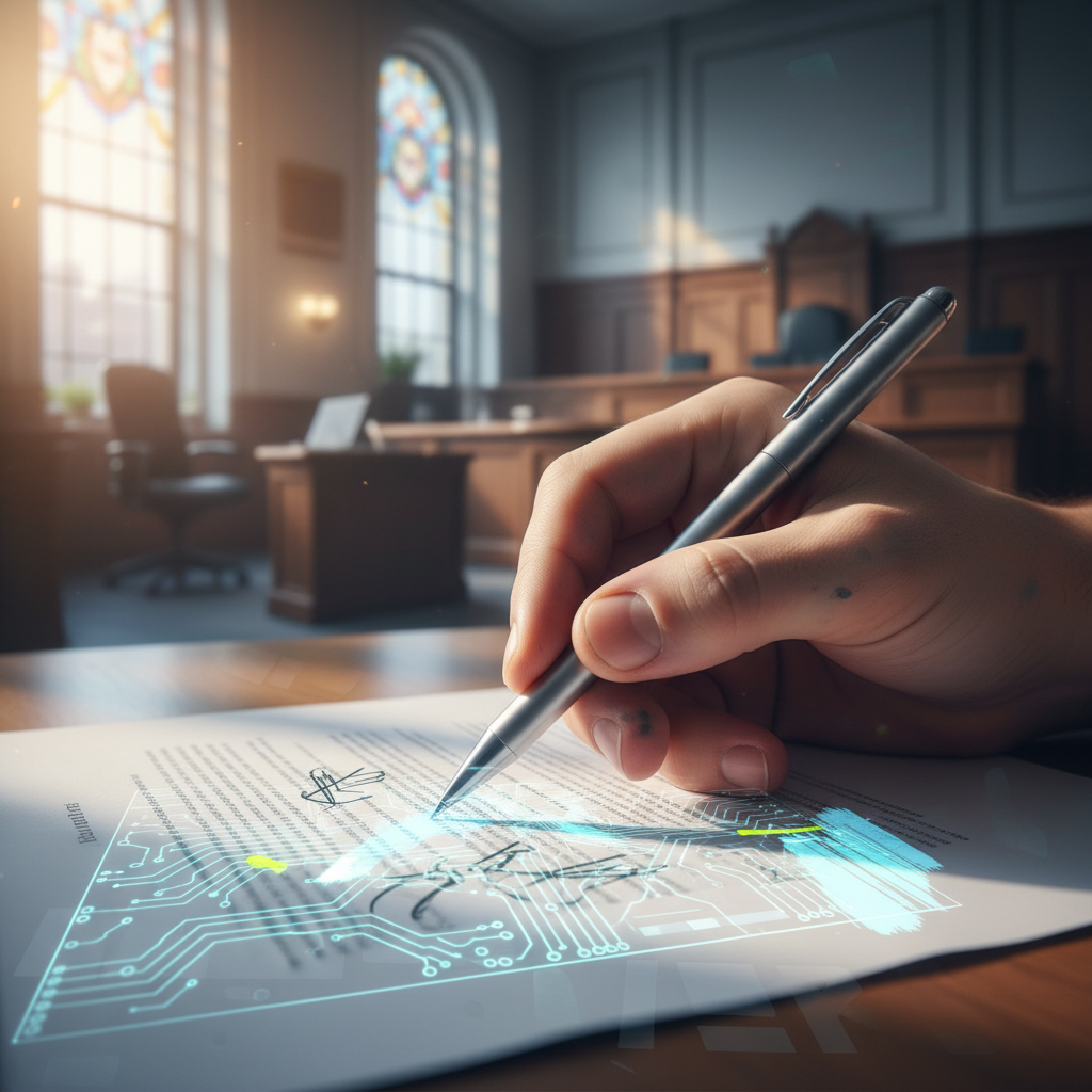 A close-up shot of a hand holding a pen, poised over a legal document with faint text, against a blurred background of a modern office or courtroom, symbolizing the intersection of creativity, law, and technology.