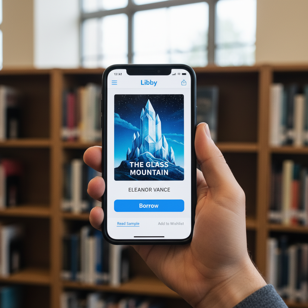 A close-up shot of a smartphone screen displaying the Libby app interface, with a book cover prominently featured and a 'Borrow' button visible, held in a person's hand against a blurred background of library bookshelves.