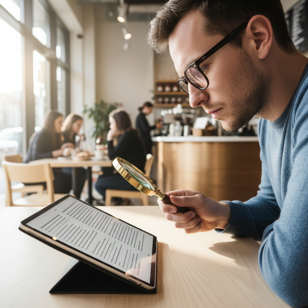 A person is looking intently at a tablet screen displaying an open e-book, with a magnifying glass hovering over the text, in a brightly lit modern cafe.