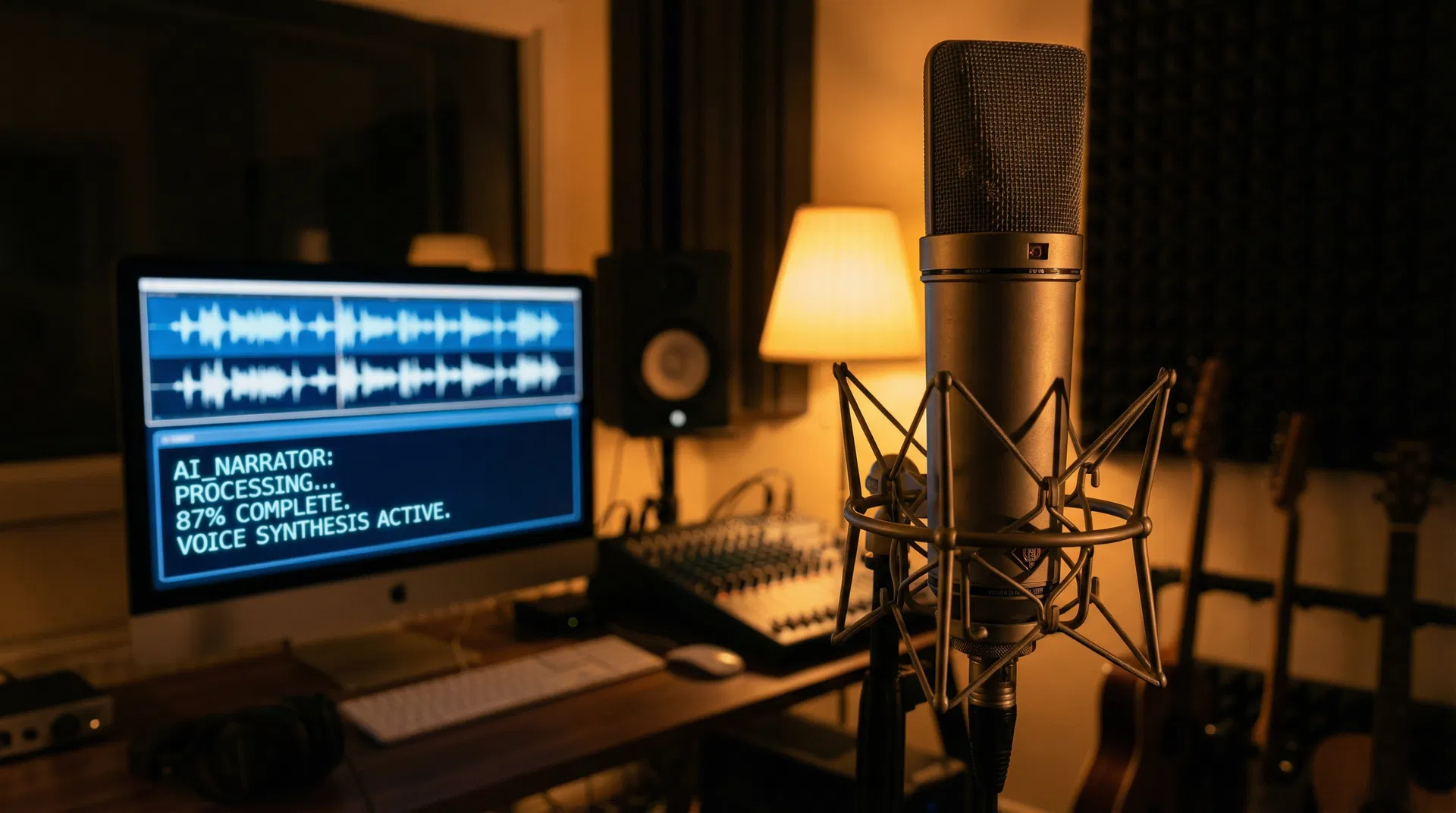 Empty professional recording studio with AI voice synthesis active on screen — human narrator displaced