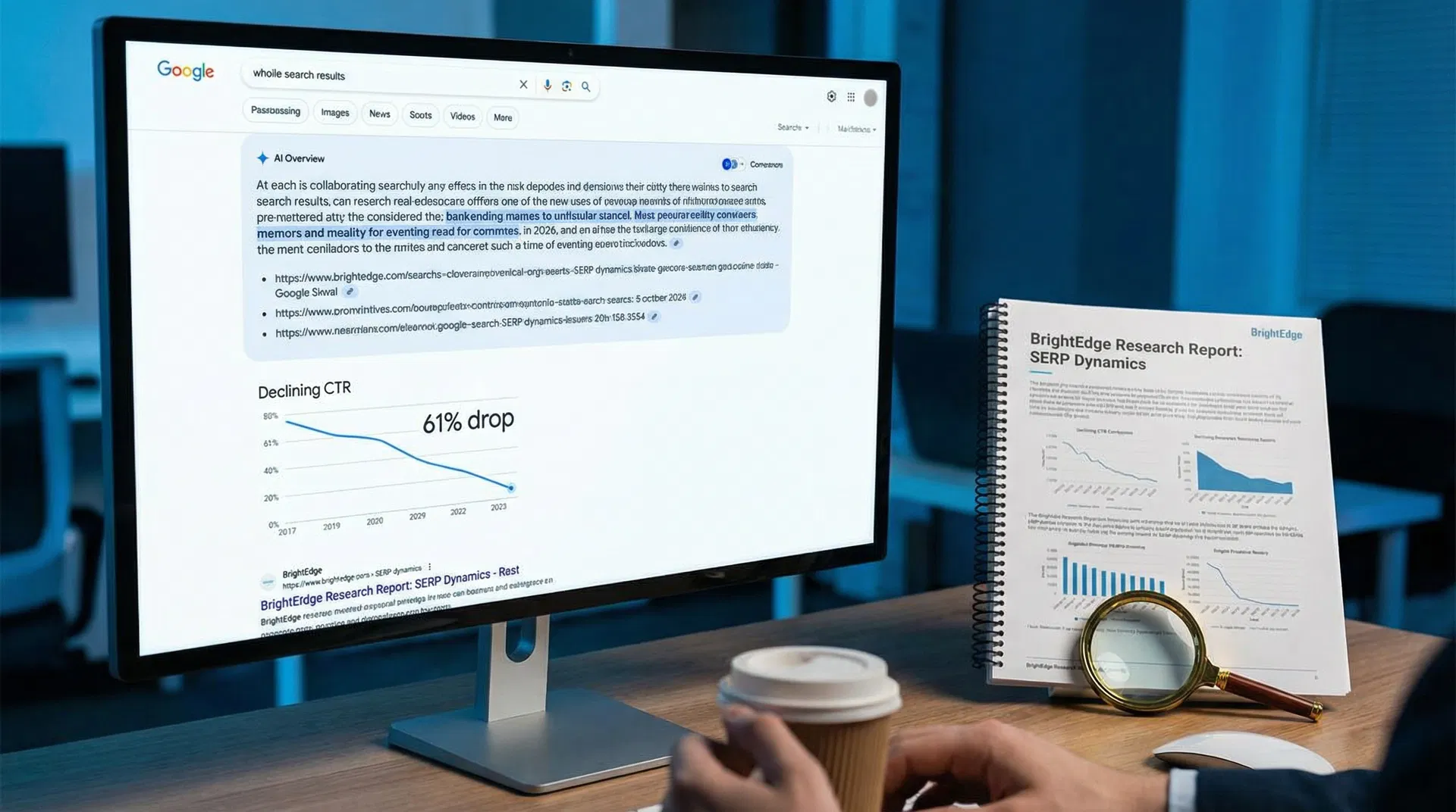 Google search results page showing AI Overview panel with citation links and declining CTR chart — BrightEdge AI Overviews study