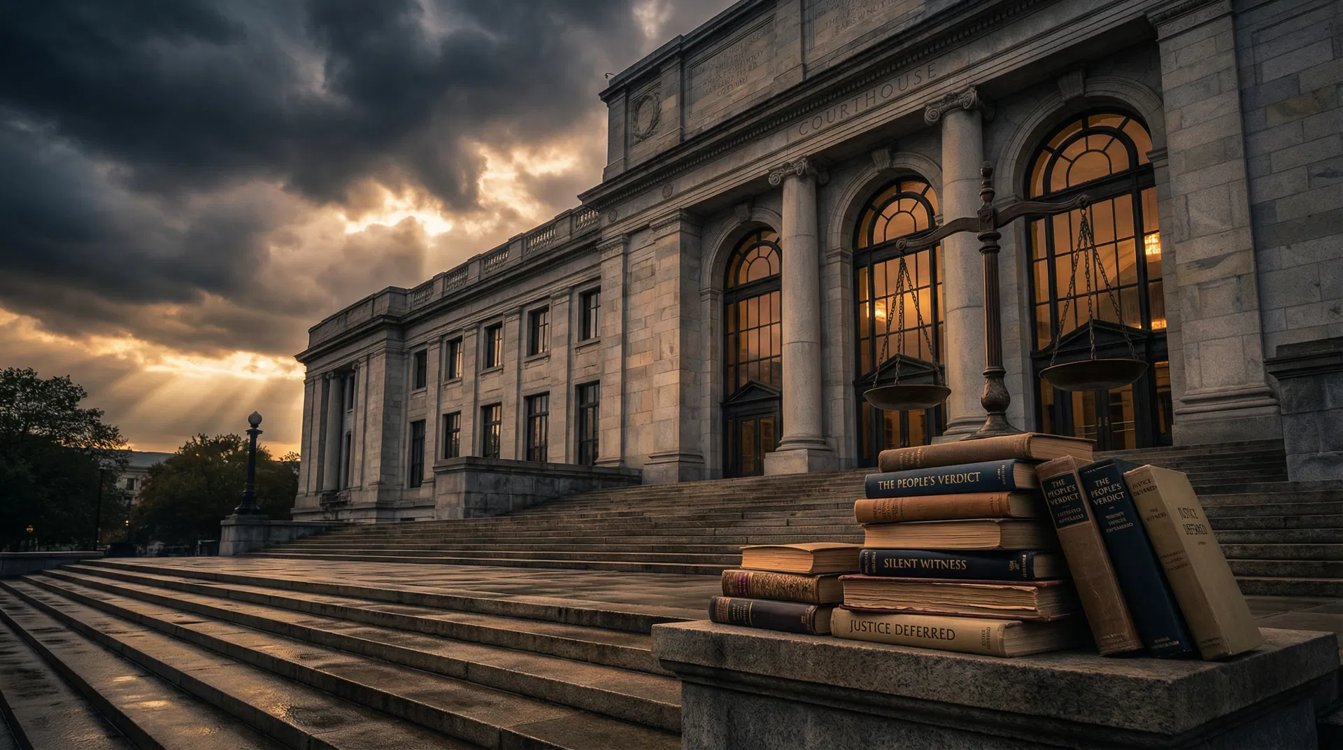Courthouse steps with stacked novels and scales of justice — Anthropic $1.5B authors settlement