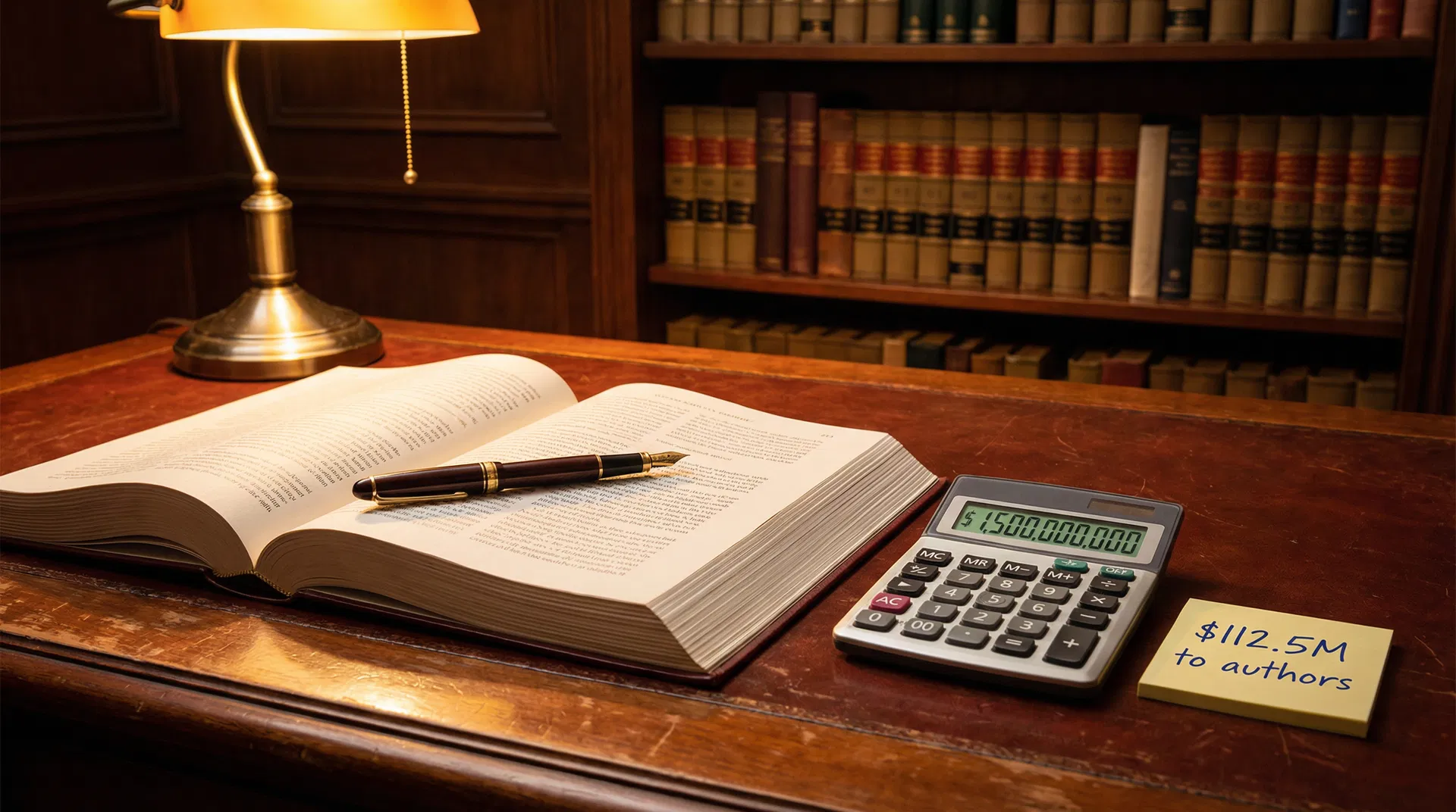 Legal settlement document on mahogany desk with calculator showing $1.5B and sticky note '$112.5M to authors' — Bartz v. Anthropic
