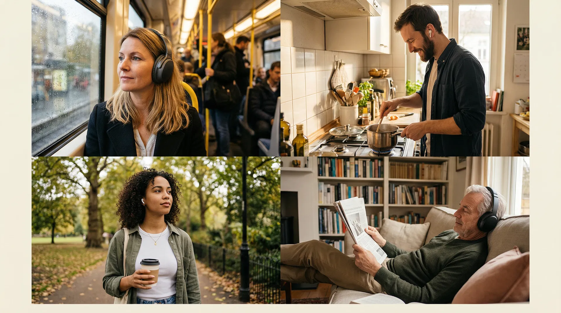 Four-panel collage of diverse European adults listening to audiobooks in everyday settings — commuting, cooking, walking, relaxing