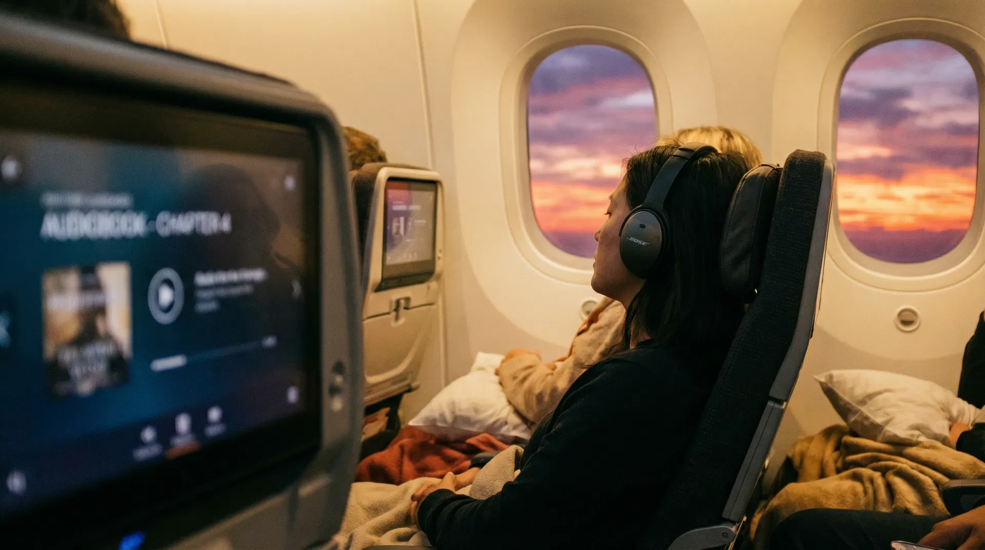 Passenger wearing headphones on long-haul flight watching audiobook interface on seatback screen at sunset