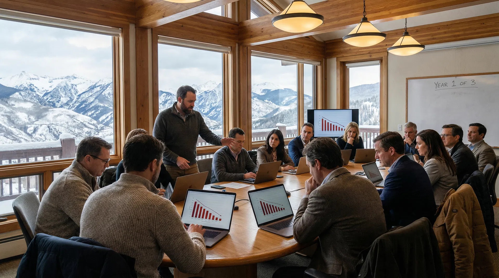 Mountain resort conference room in Vail with executives studying declining traffic charts — Digiday Publishing Summit 2026