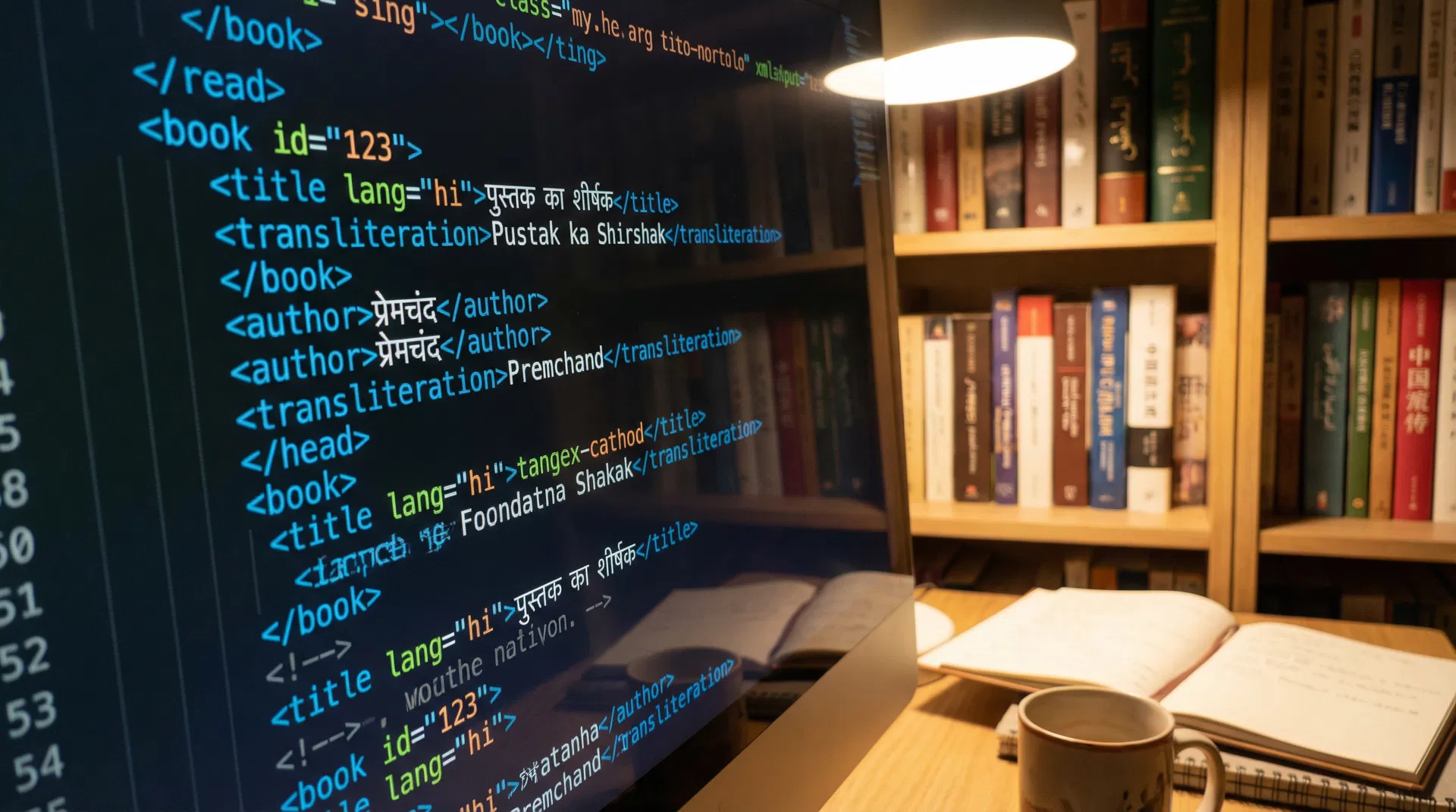 Computer screen showing XML metadata with Devanagari and Latin transliteration beside international bookshelves