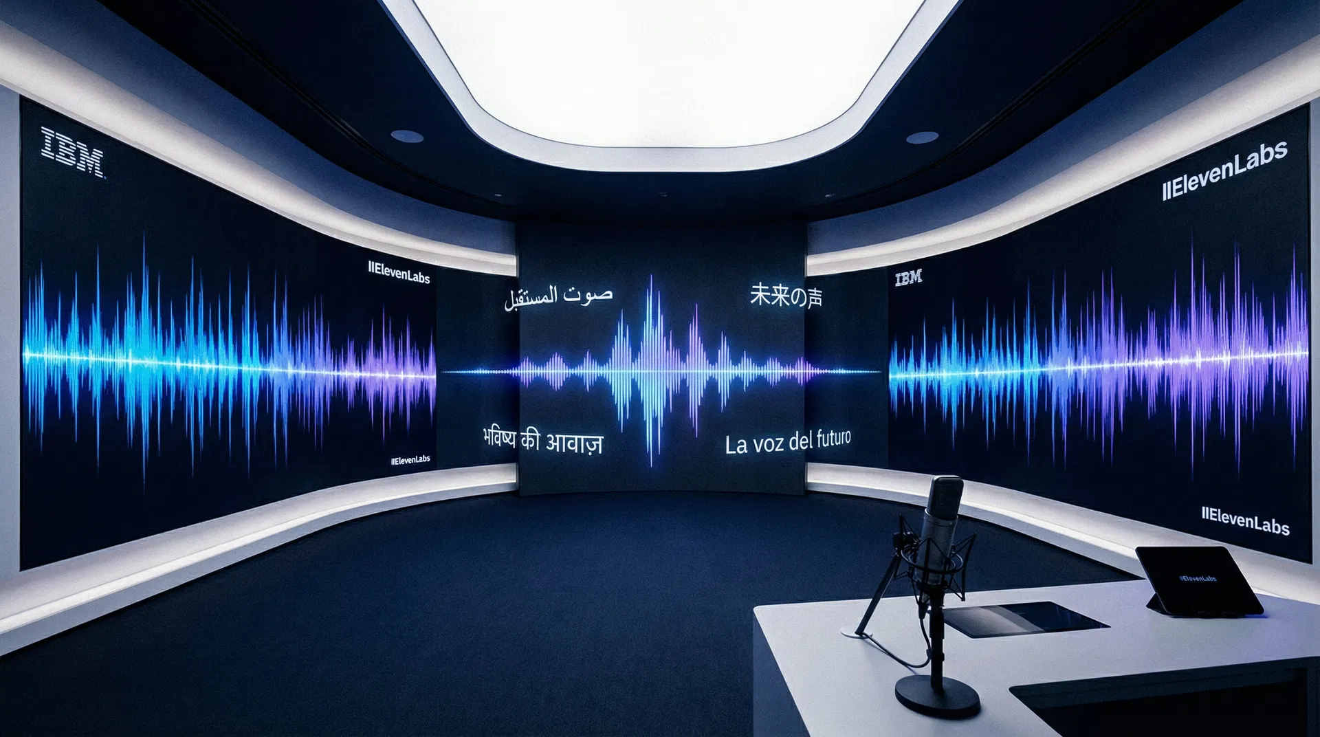 Curved enterprise demo room with multilingual waveforms in Arabic, Japanese, Hindi, Spanish — ElevenLabs IBM watsonx partnership