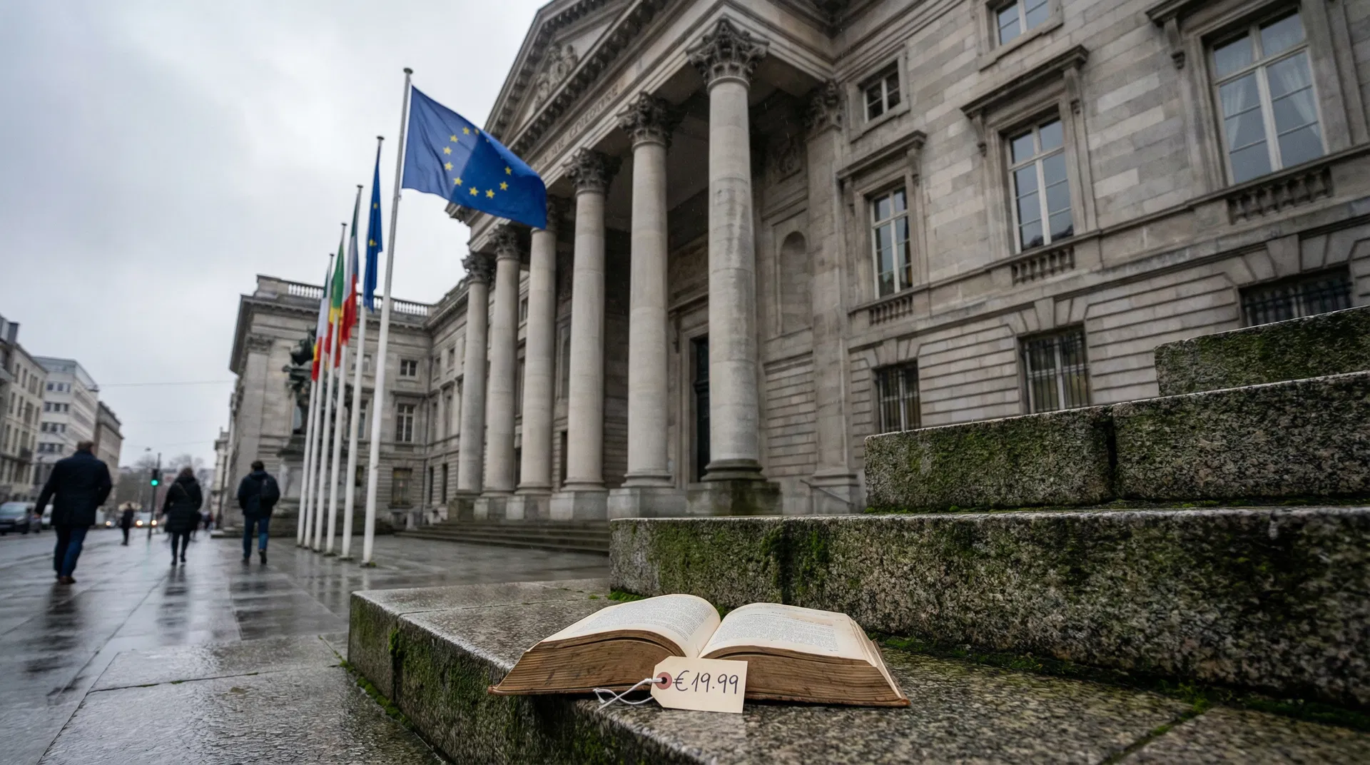Open book with a price tag on the steps of a European court building with EU flags — Desch-Drexler CJEU fixed book price case