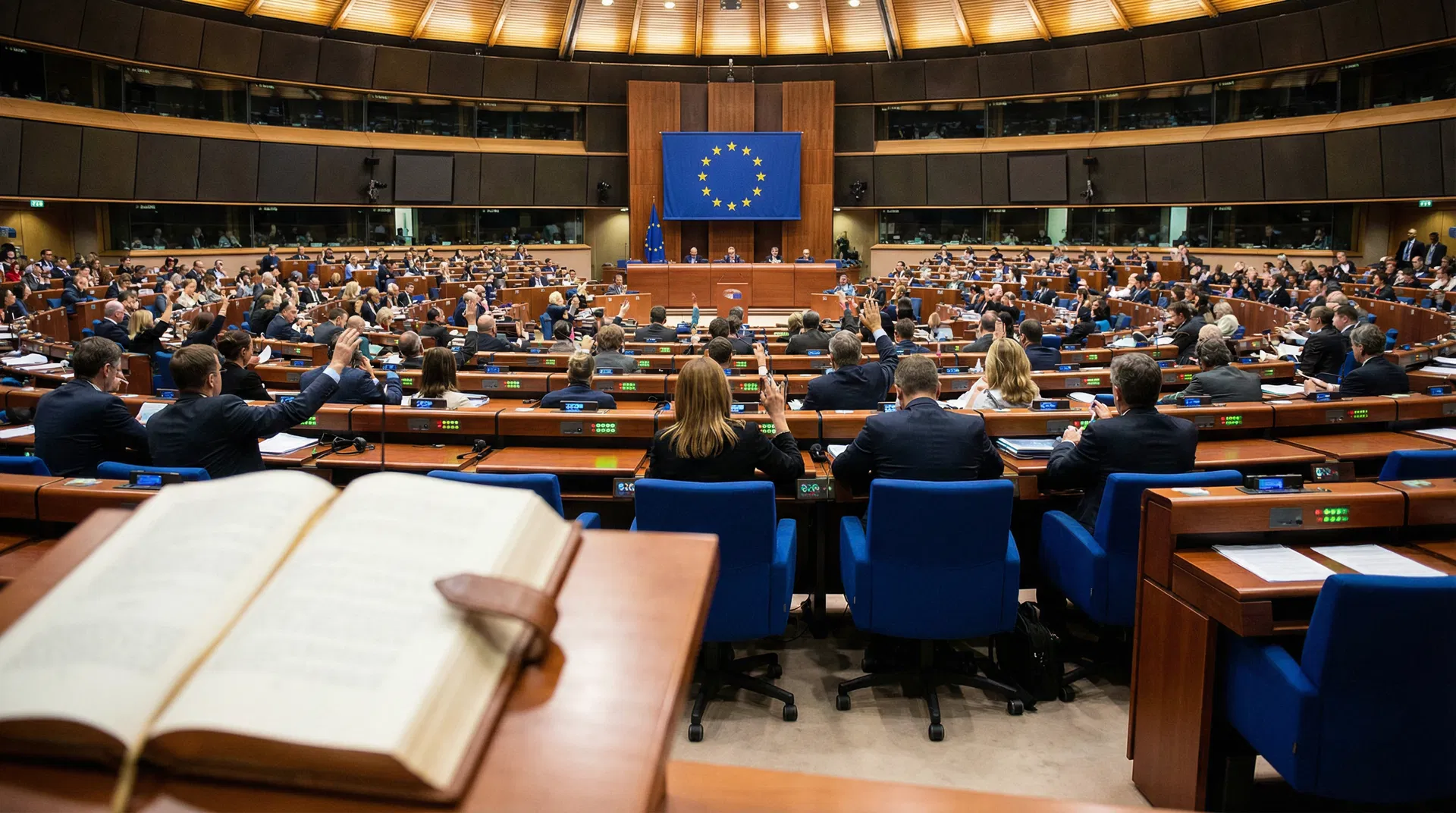 European Parliament hemicycle during vote with EU flag and open book in foreground — AI copyright resolution