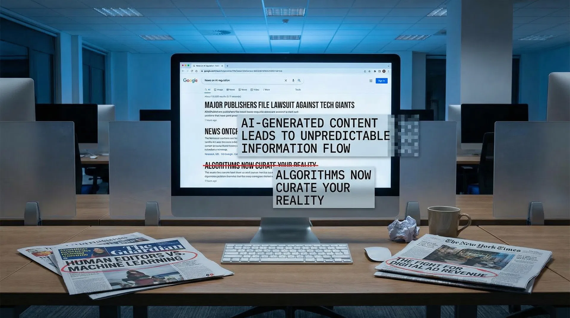 Monitor showing Google search results with AI-rewritten headlines alongside circled newspaper front pages
