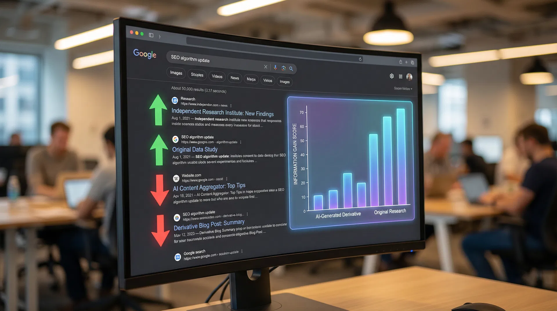 Google search results page with ranking volatility chart and Information Gain score overlay showing AI content being penalised