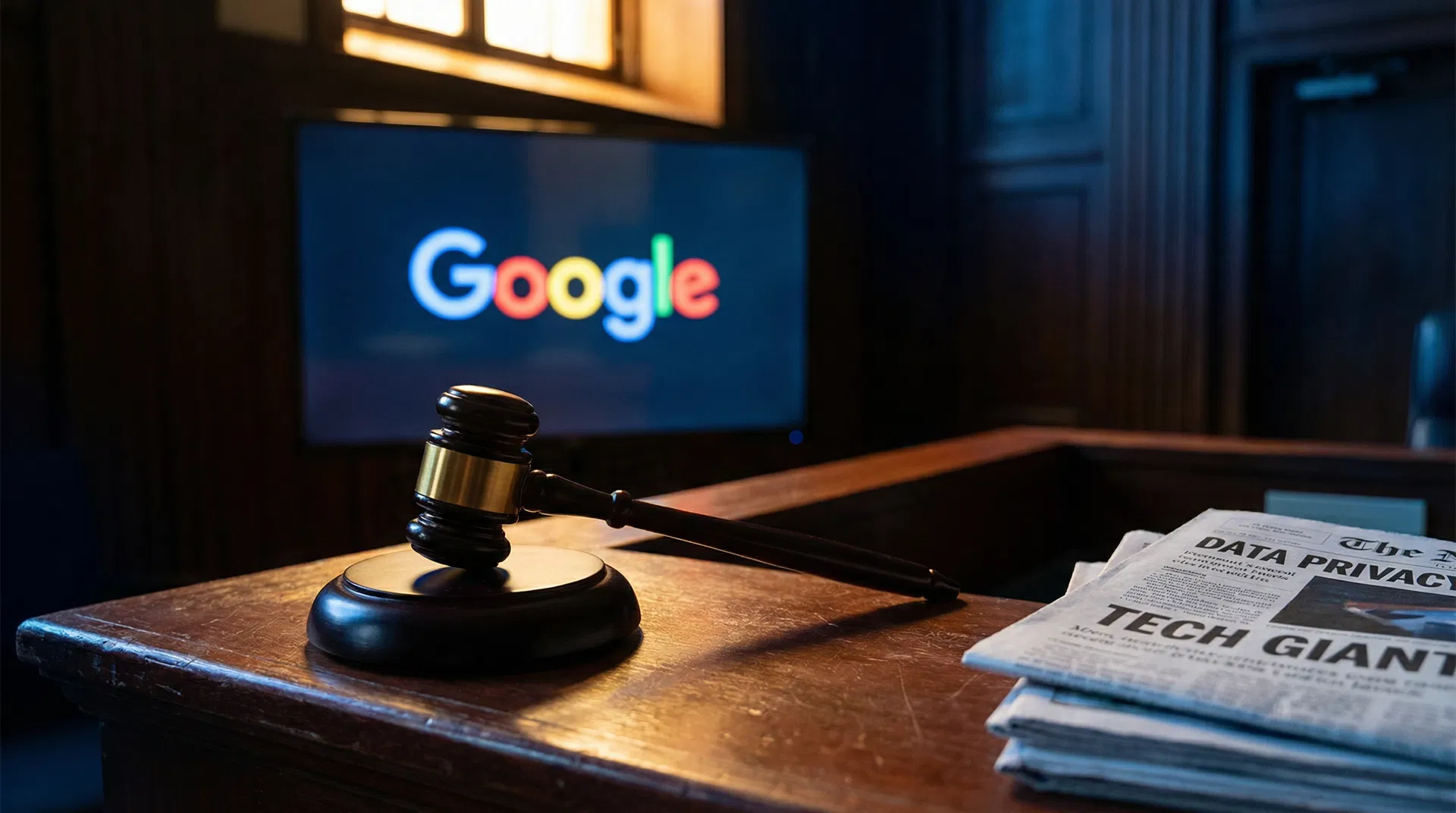 Judge's gavel on mahogany bench with Google logo on screen and newspaper front pages — antitrust lawsuit dismissed