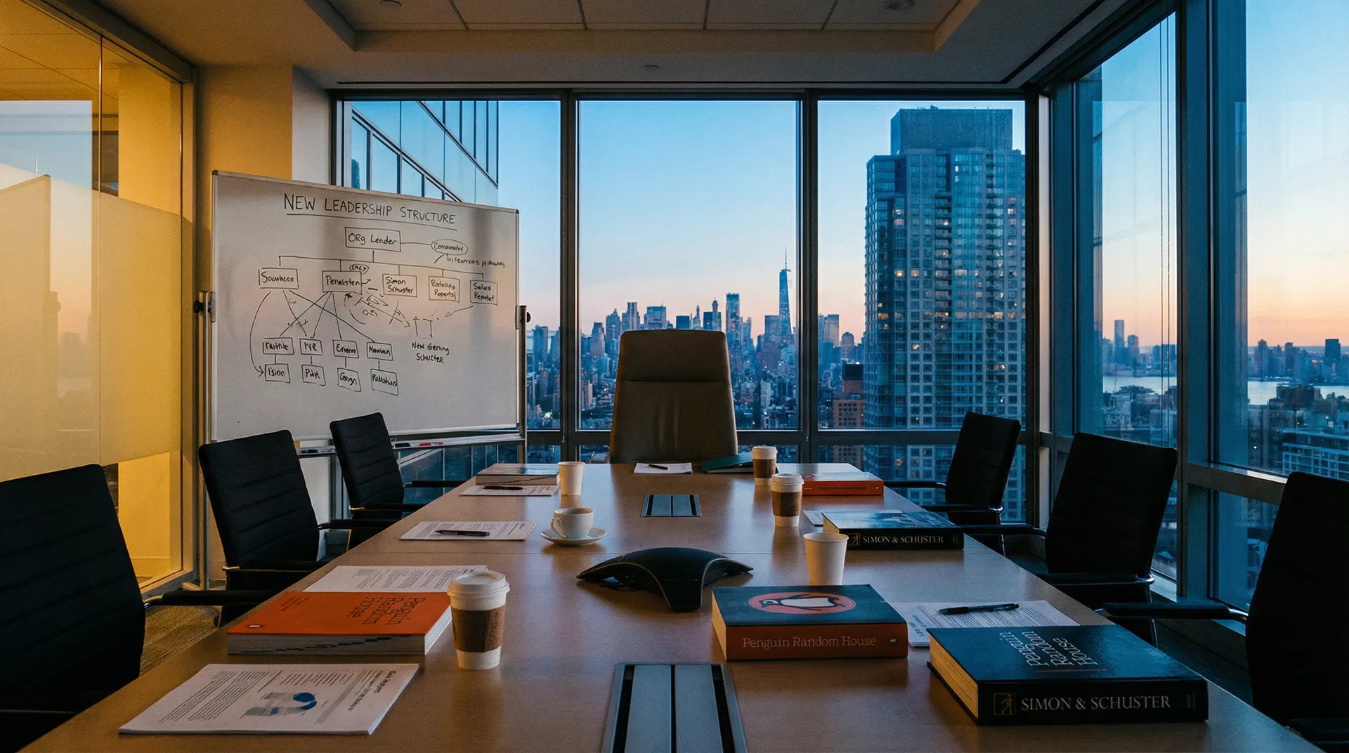 Manhattan boardroom at dusk with org chart whiteboard and publishing books on table — HarperCollins restructure