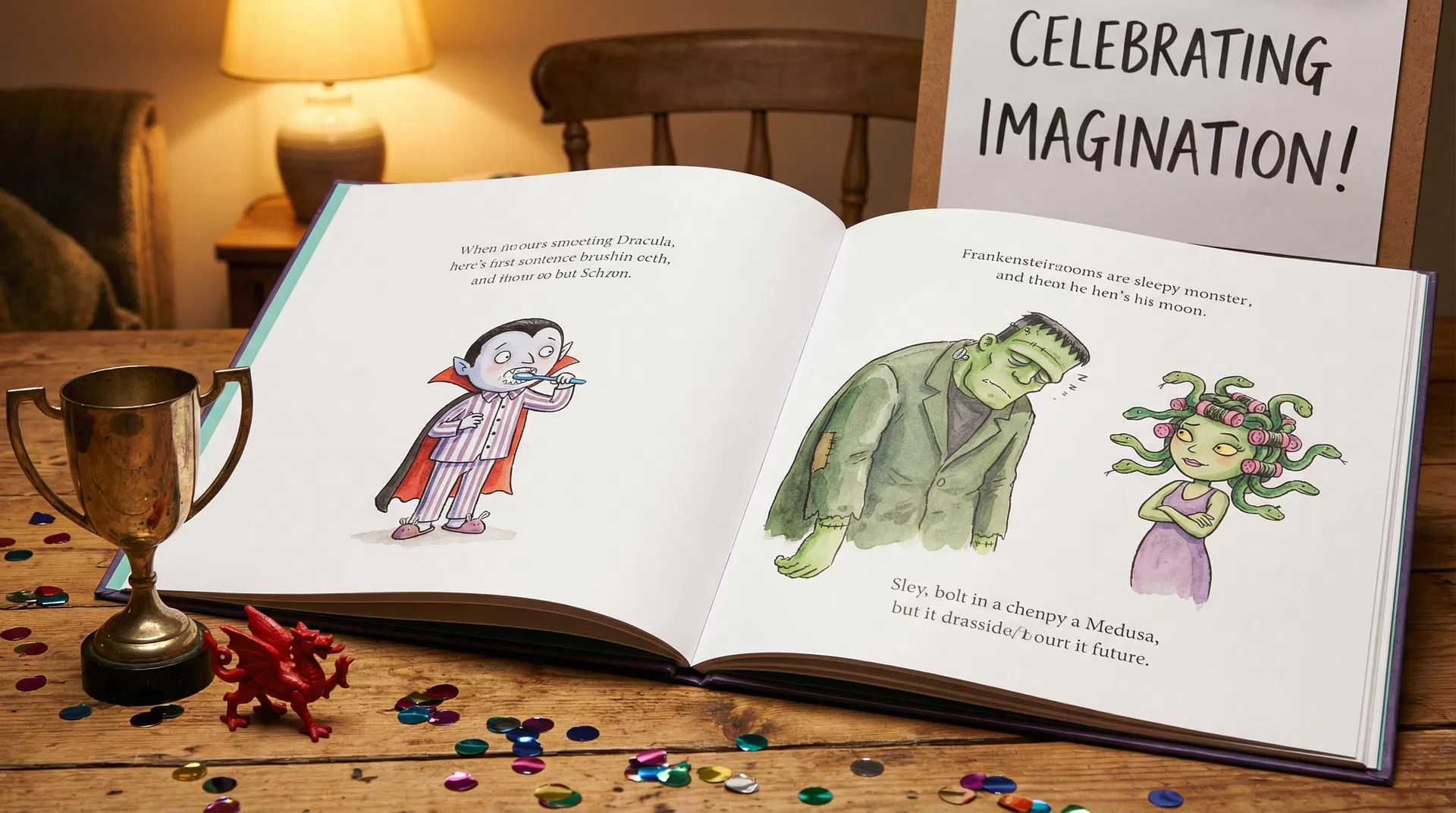 Open picture book with monster bedtime illustrations, trophy, and Welsh dragon figurine — Waterstones Children's Book Prize 2026