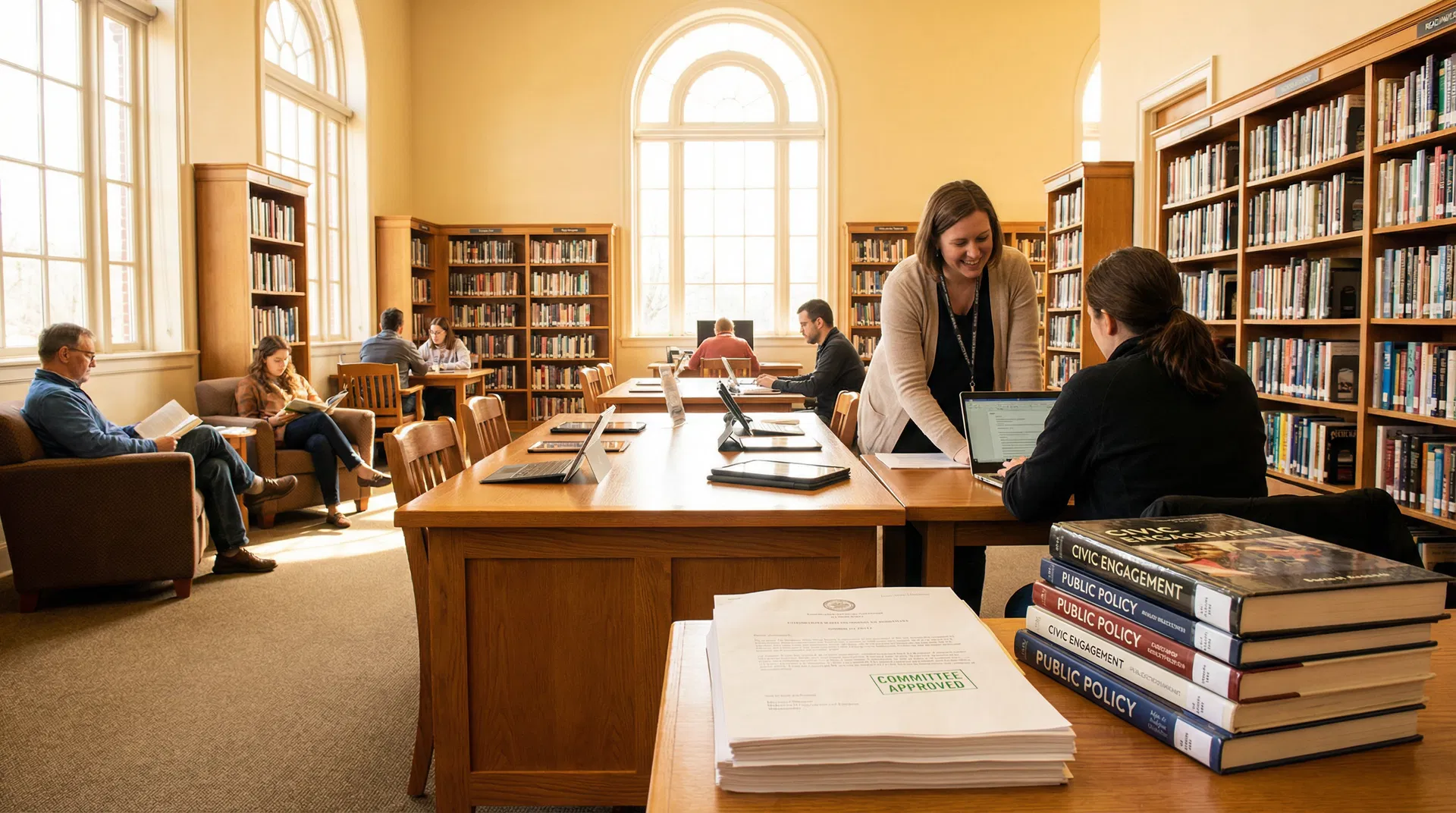Public library reading room with digital tablets and committee-approved legislation document in foreground