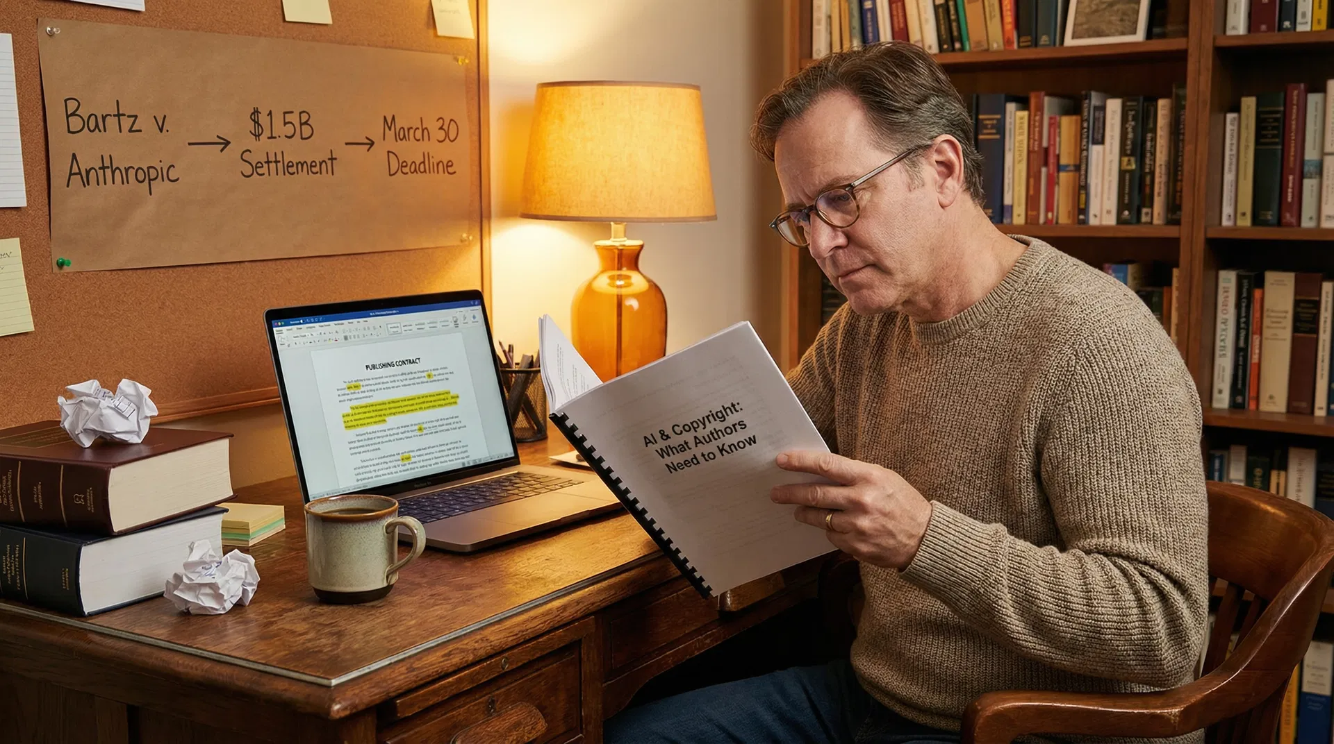 Author at desk reading AI law FAQ document with copyright symbols, publishing contracts, and lawsuit timeline in background