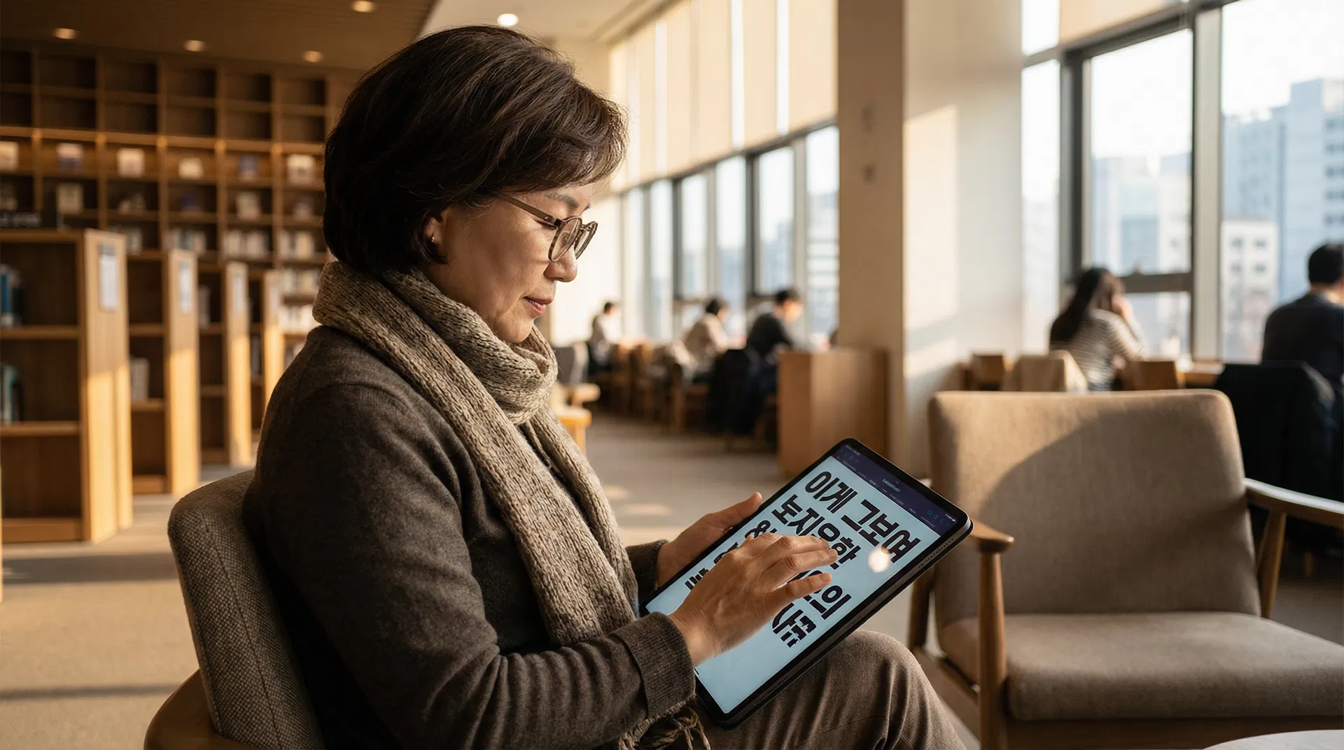 Korean woman reading e-book on tablet with large accessible text in a modern Seoul library