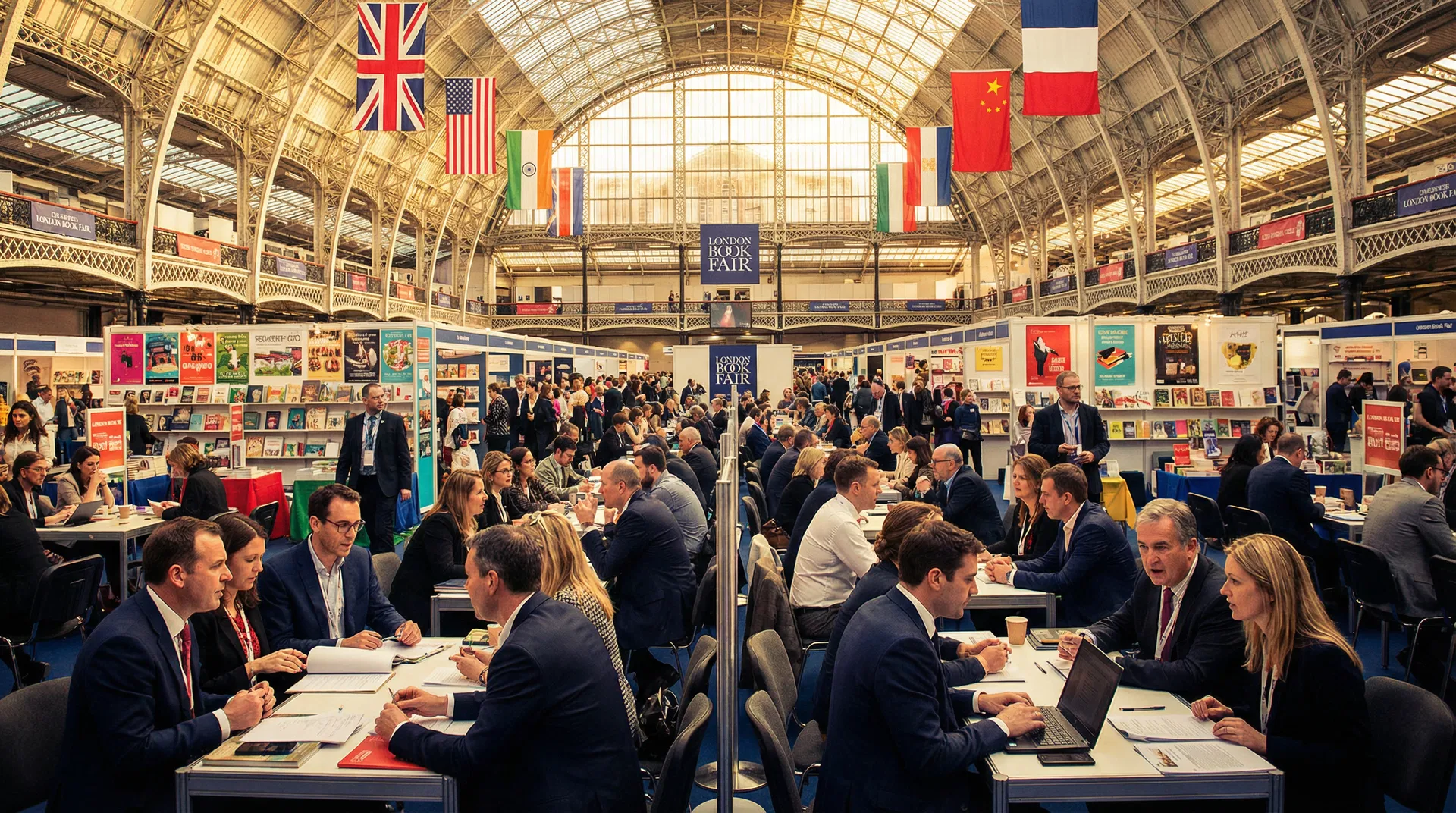 London Book Fair 2026 at Kensington Olympia — packed grand hall with international flags and rights deal meetings