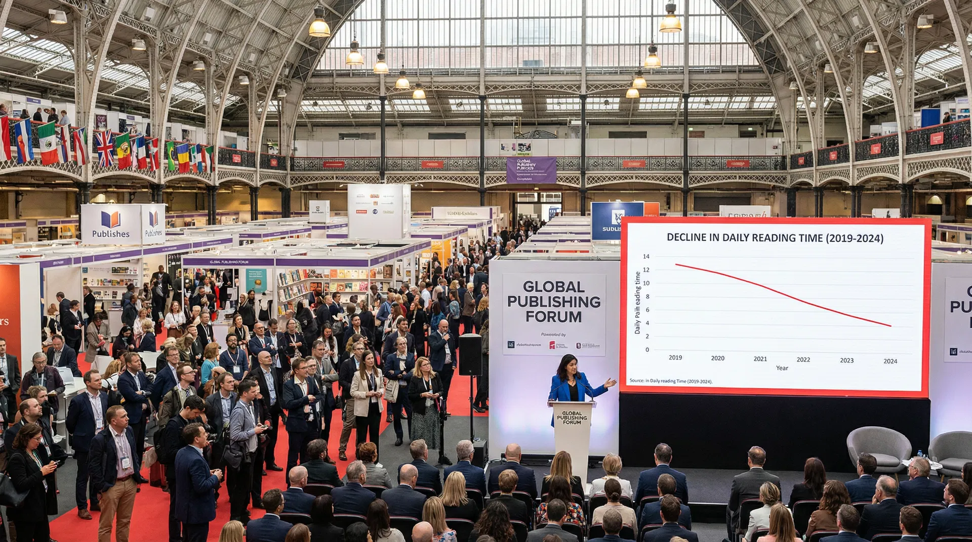 Olympia London exhibition hall packed with publishing professionals, keynote speaker at podium with declining reading time graph — LBF 2026