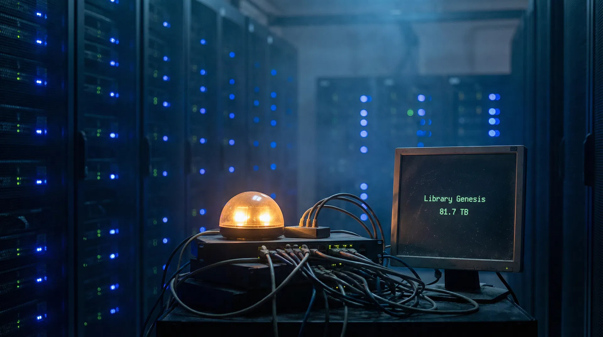 Server room with amber warning light and monitor showing Library Genesis 81.7 TB — Meta BitTorrent infringement case