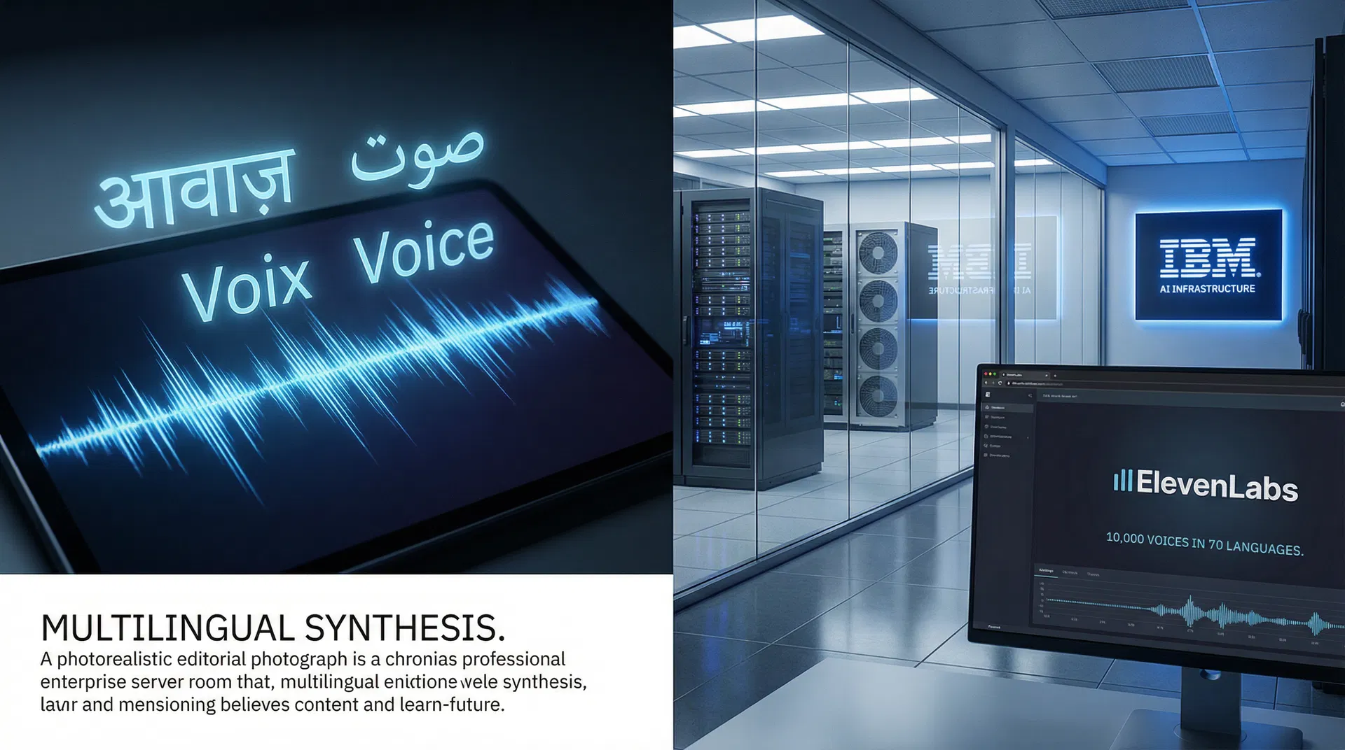 Split-screen: Mistral Voxtral multilingual waveform synthesis on left, ElevenLabs IBM watsonx enterprise server room on right
