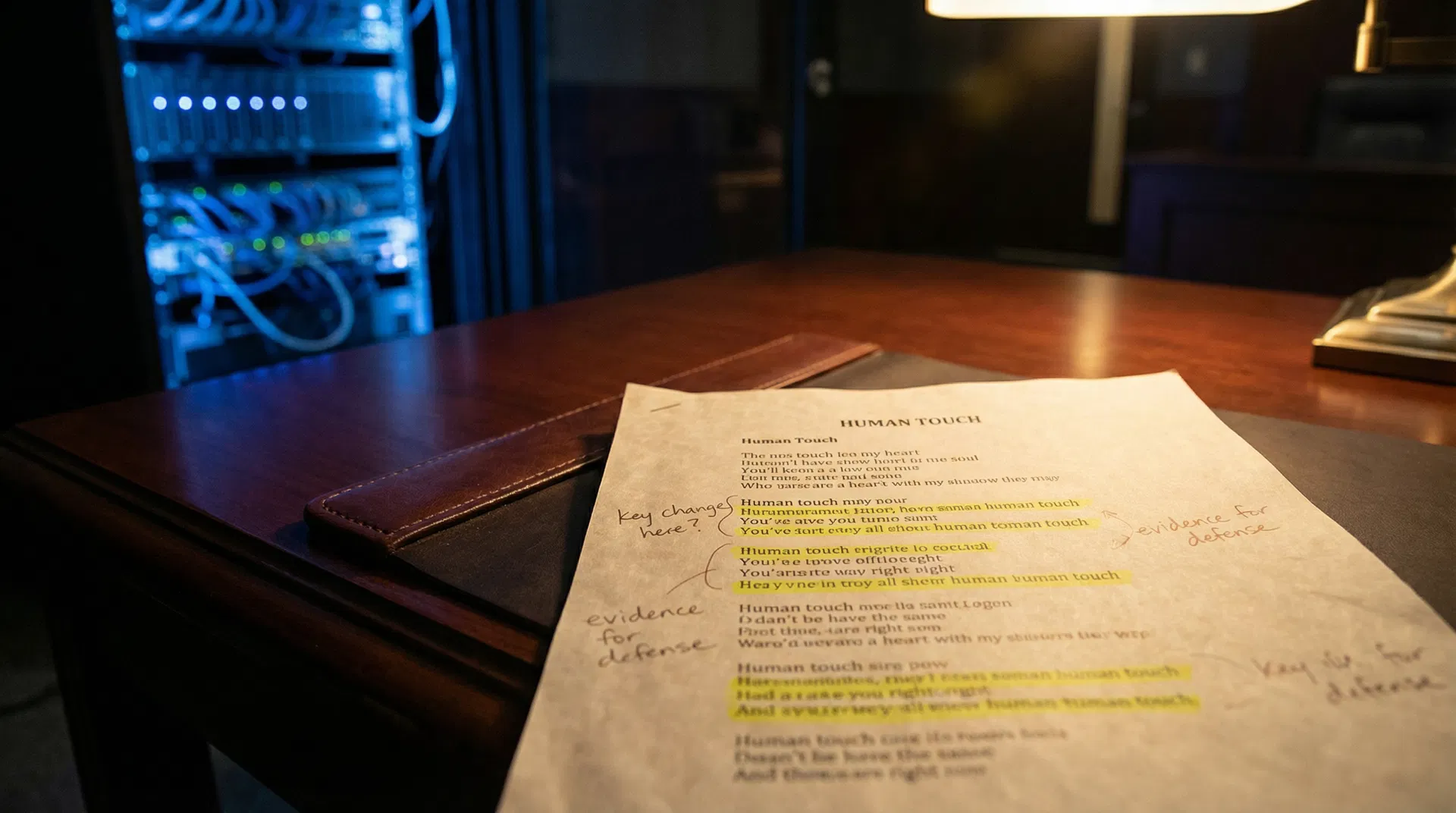 Annotated song lyrics on paper beside glowing AI server rack — music publishers sue Anthropic for copyright infringement