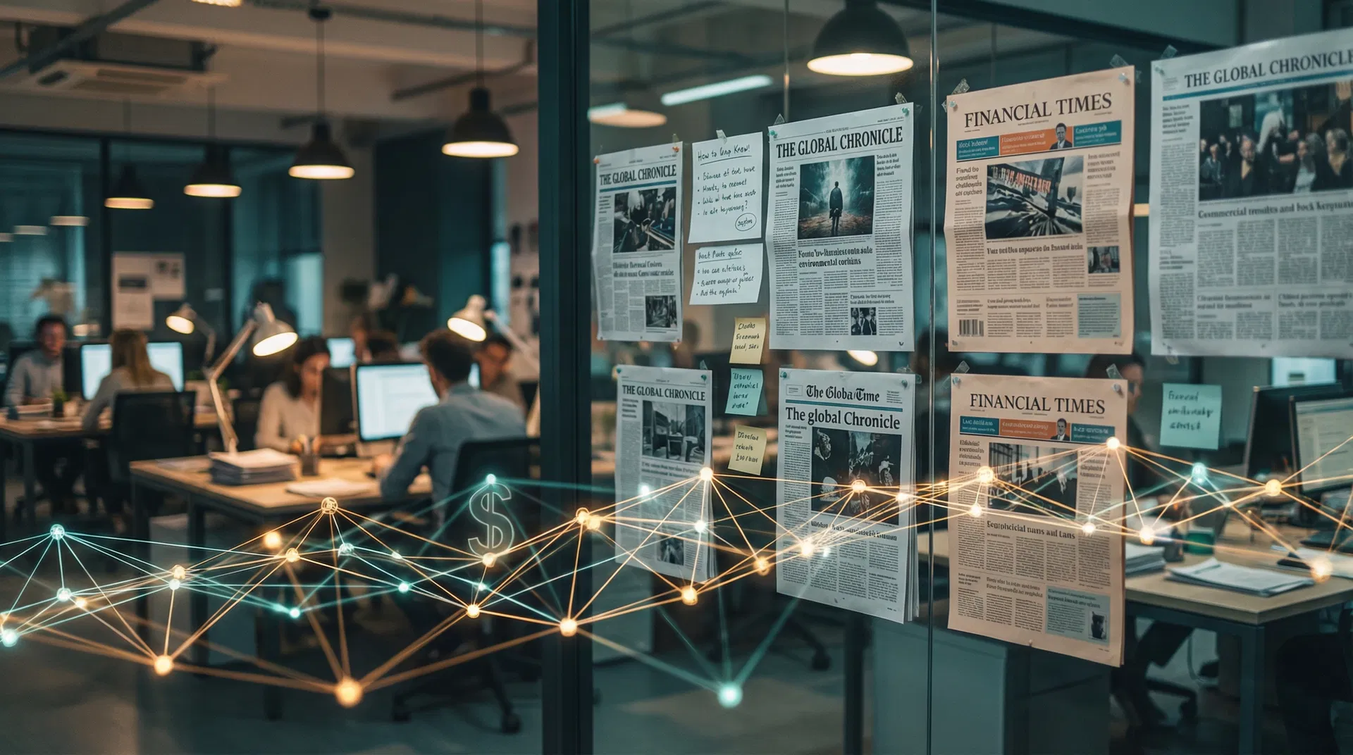 Modern newsroom with AI data network overlay — NMA Bria AI licensing deal for small publishers