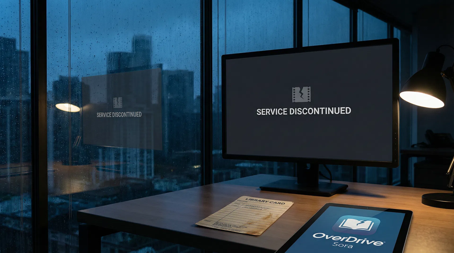 Monitor showing SERVICE DISCONTINUED with OverDrive library card and Sora app on desk — OpenAI Sora shutdown