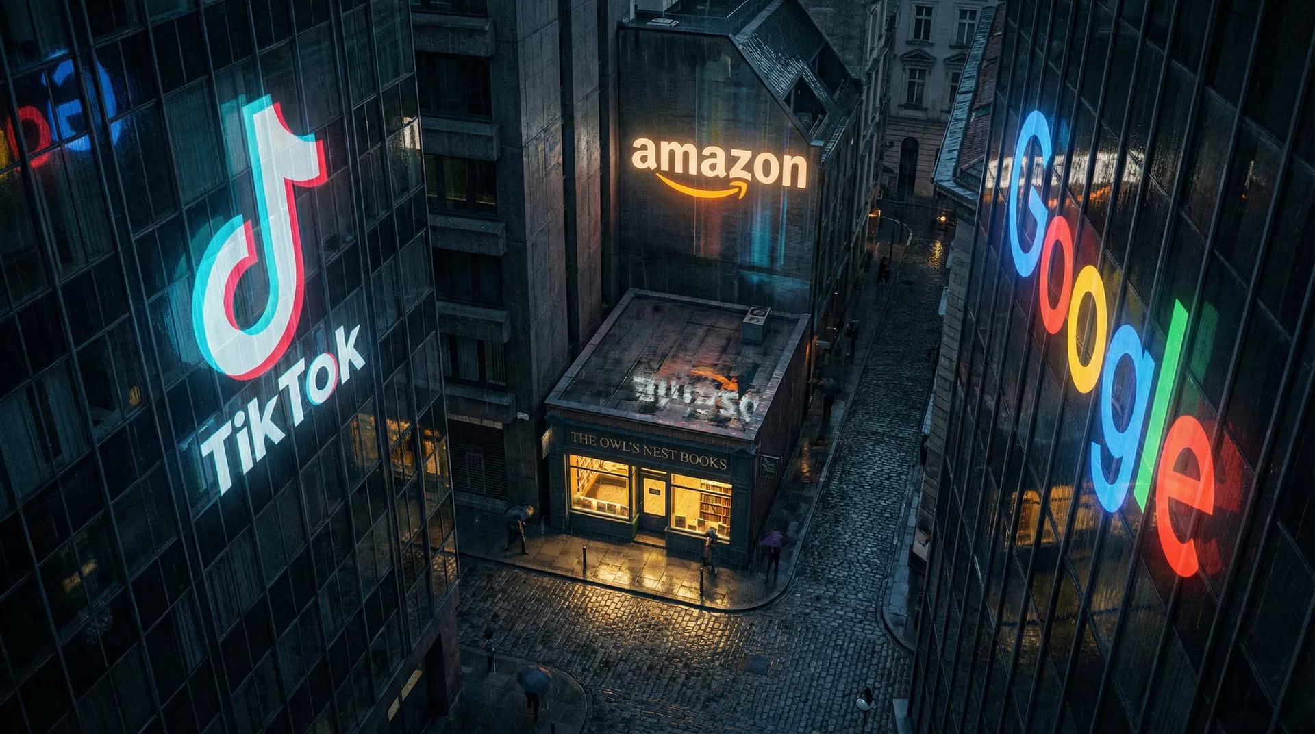 Small independent bookshop dwarfed by TikTok, Amazon, and Google logos on surrounding buildings at night